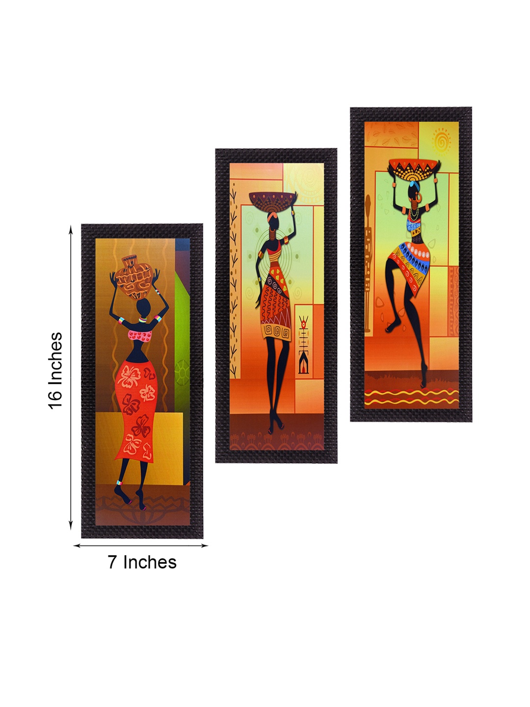 

eCraftIndia Set Of 3 Orange & Black Tribal Lady Moments Satin Matt Texture UV Wall Art