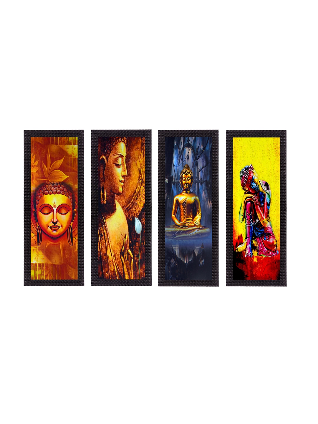 

eCraftIndia Set Of 4 Gold-Toned & Yellow Lord Buddha Satin Matt Texture UV Wall Art