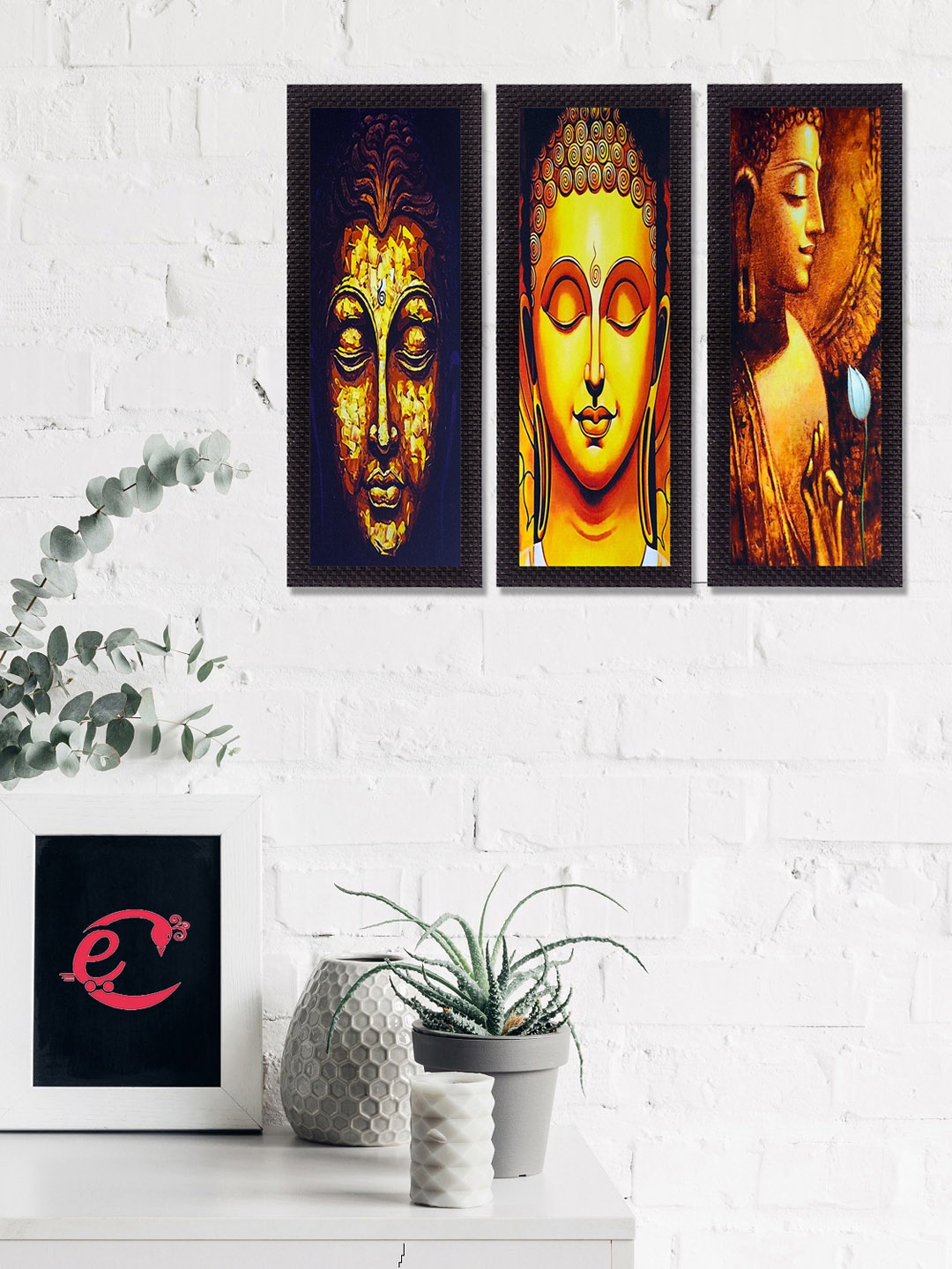 

eCraftIndia Set Of 3 Gold-Toned & Yellow Lord Buddha Satin Matt Texture UV Wall Art