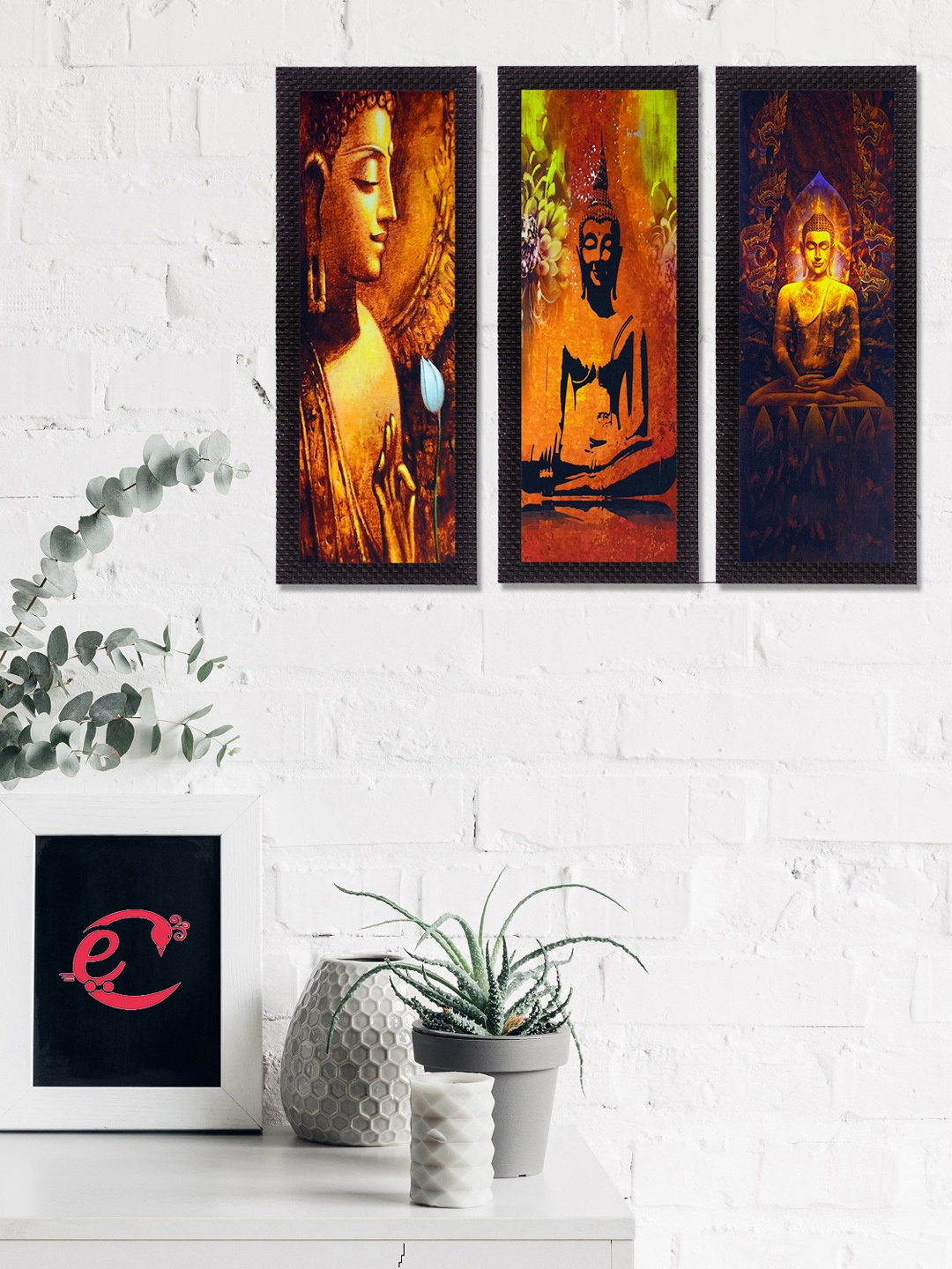 

eCraftIndia Set Of 3 Brown & Orange Lord Buddha Satin Matt Texture UV Wall Arts
