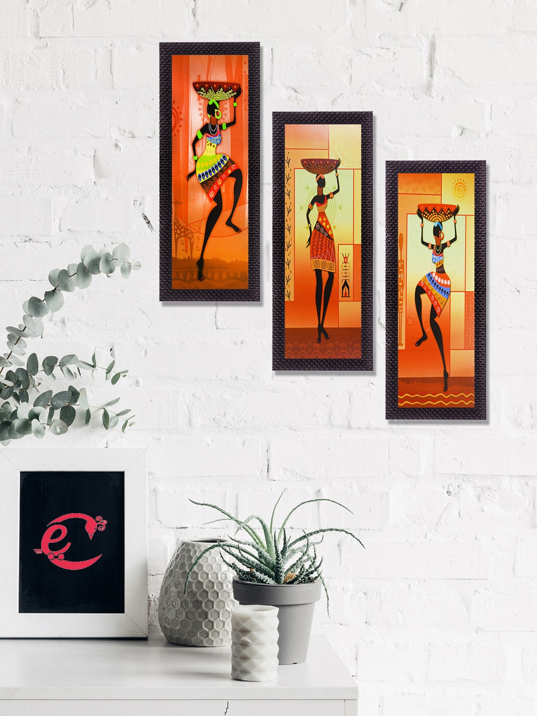 

eCraftIndia Set Of 3 Orange & Yellow Tribal Ladies Satin Matt Texture UV Wall Art