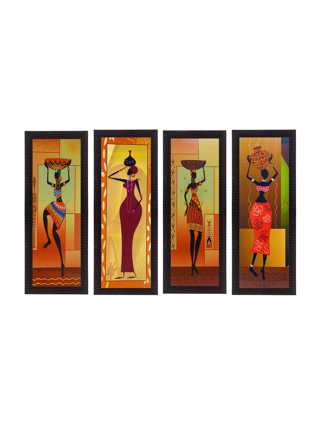 

eCraftIndia Set Of 4 Brown & Red Tribal Women Satin Matt Texture UV Wall Art