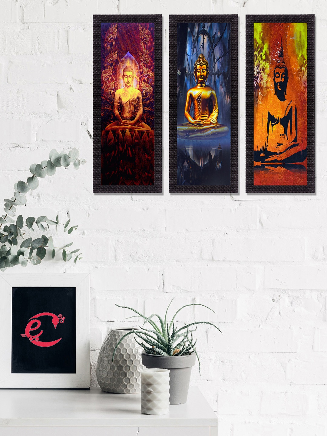 

eCraftIndia Set Of 3 Orange & Blue Meditating Buddha Satin Matt Texture UV Wall Art