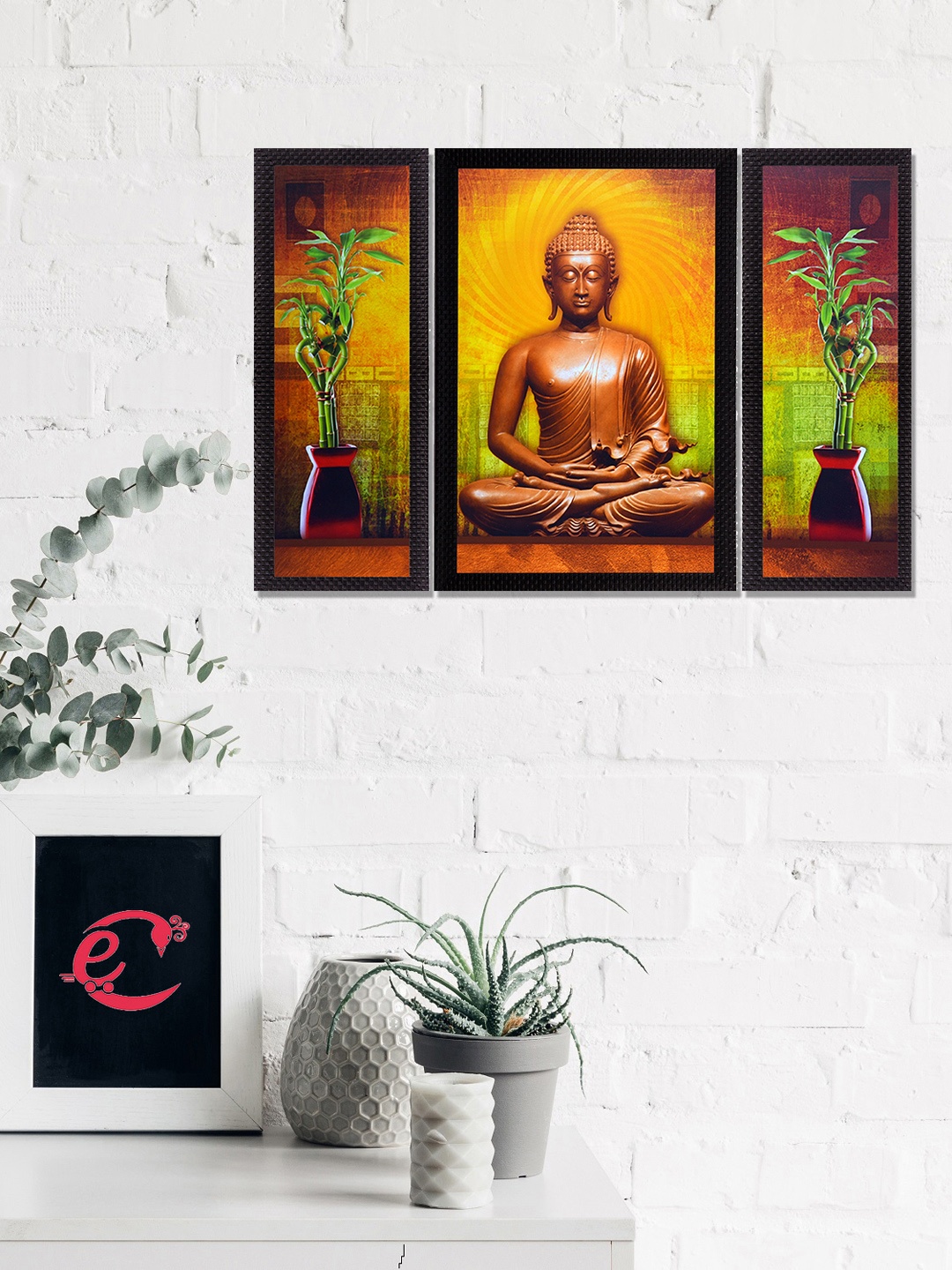 

eCraftIndia Set Of 3 Brown & Orange Meditating Buddha Satin Matt Texture UV Wall Art