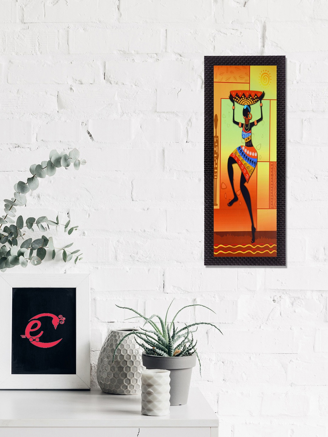 

eCraftIndia Orange & Green Dancing Tribal Woman Satin Matt Texture UV Wall Art