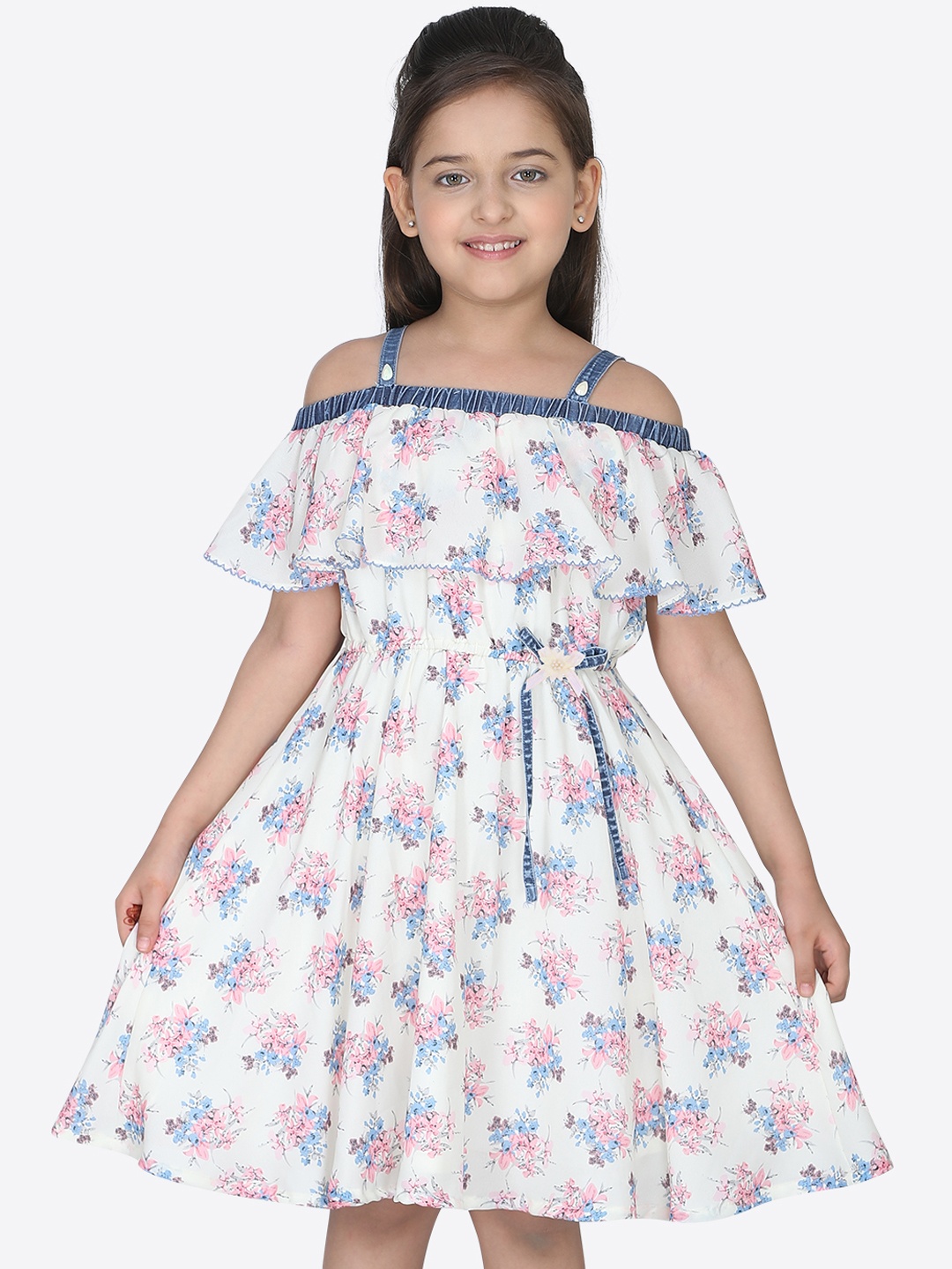 

CUTECUMBER Girls Cream-Coloured Printed Fit and Flare Dress