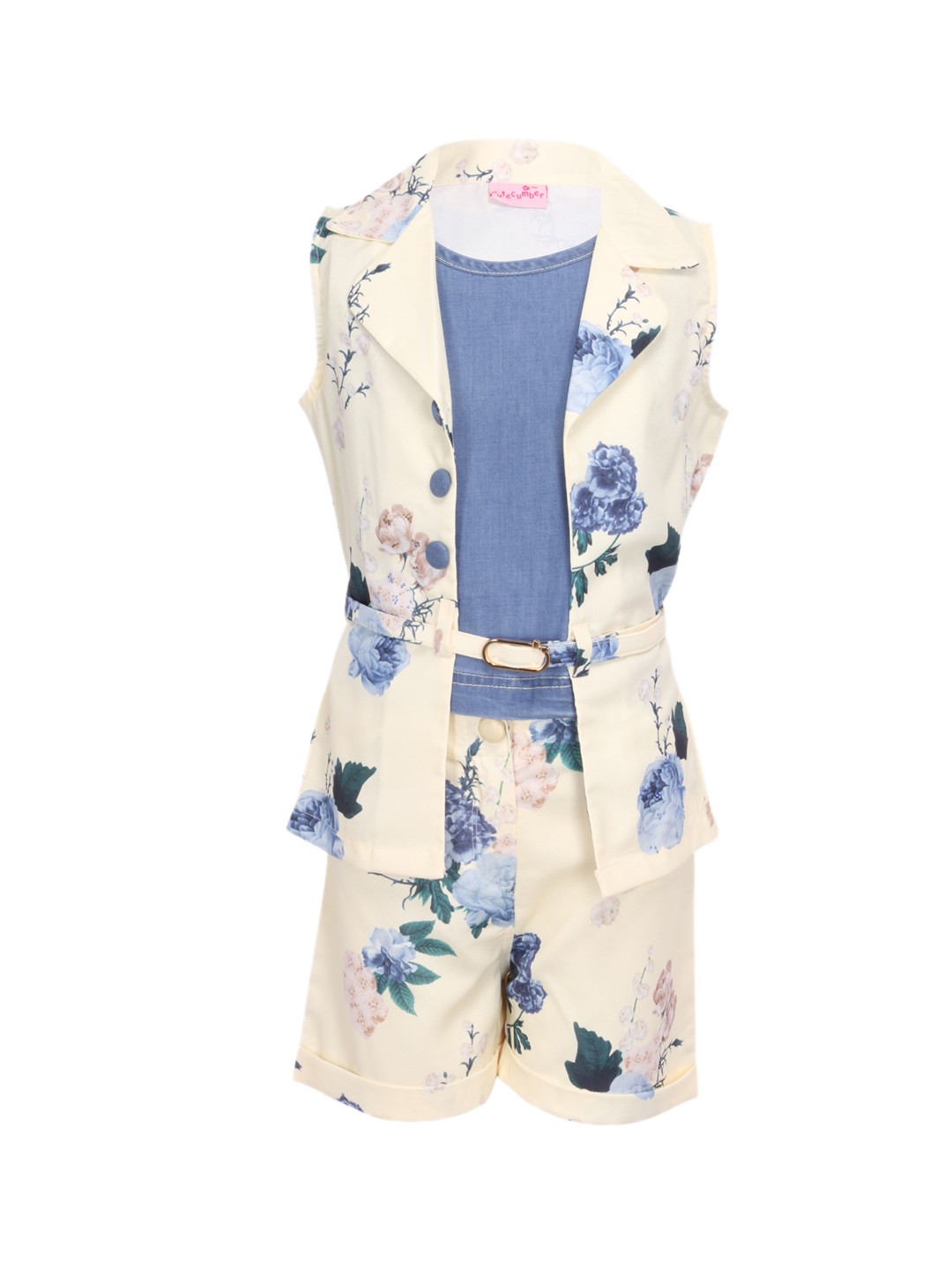 

CUTECUMBER Girls Cream-Coloured & Blue Printed Top with Shorts
