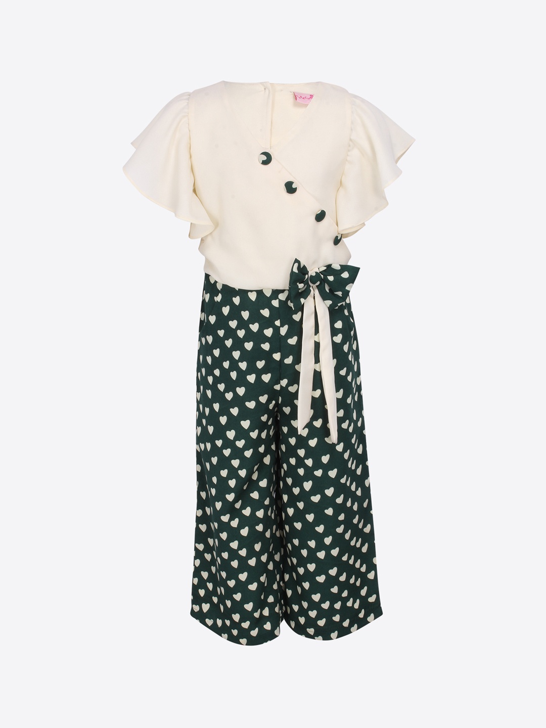 

CUTECUMBER Girls Green & Cream-Coloured Printed Culotte Jumpsuit