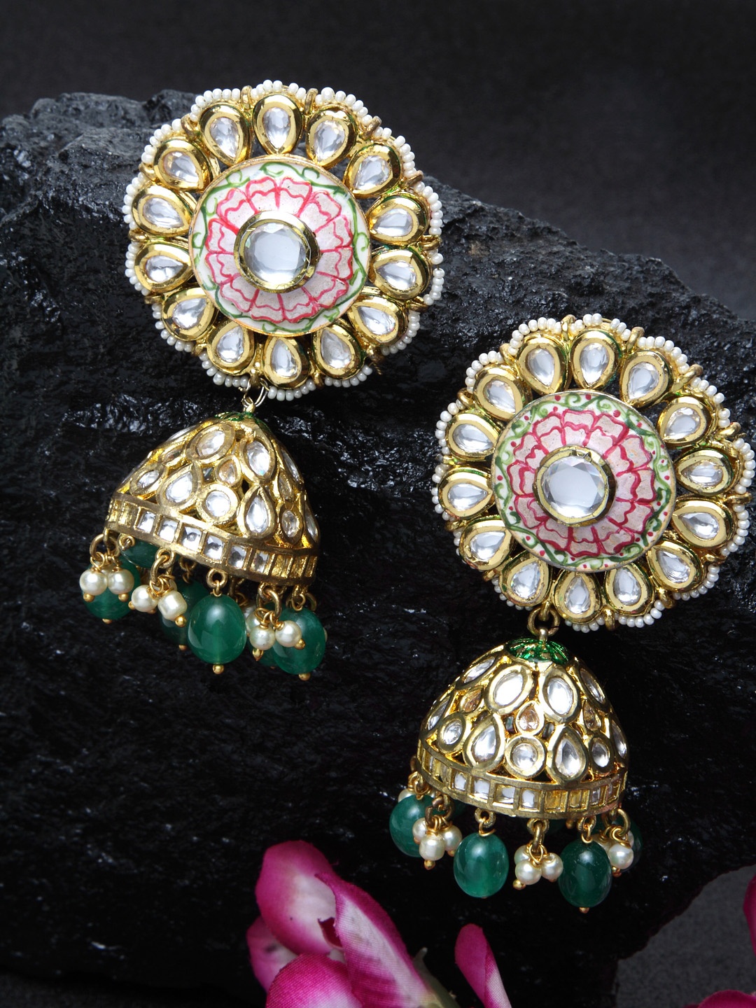 

DUGRISTYLE Pink & Gold-Plated Dome Shaped Jhumkas