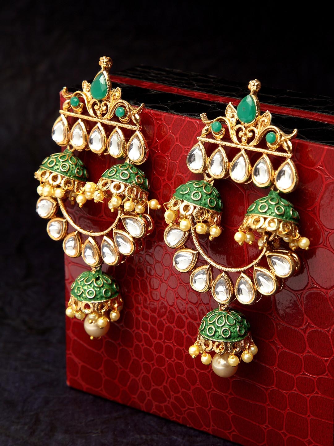 

PANASH Gold & Green Dome Shaped Drop Earrings