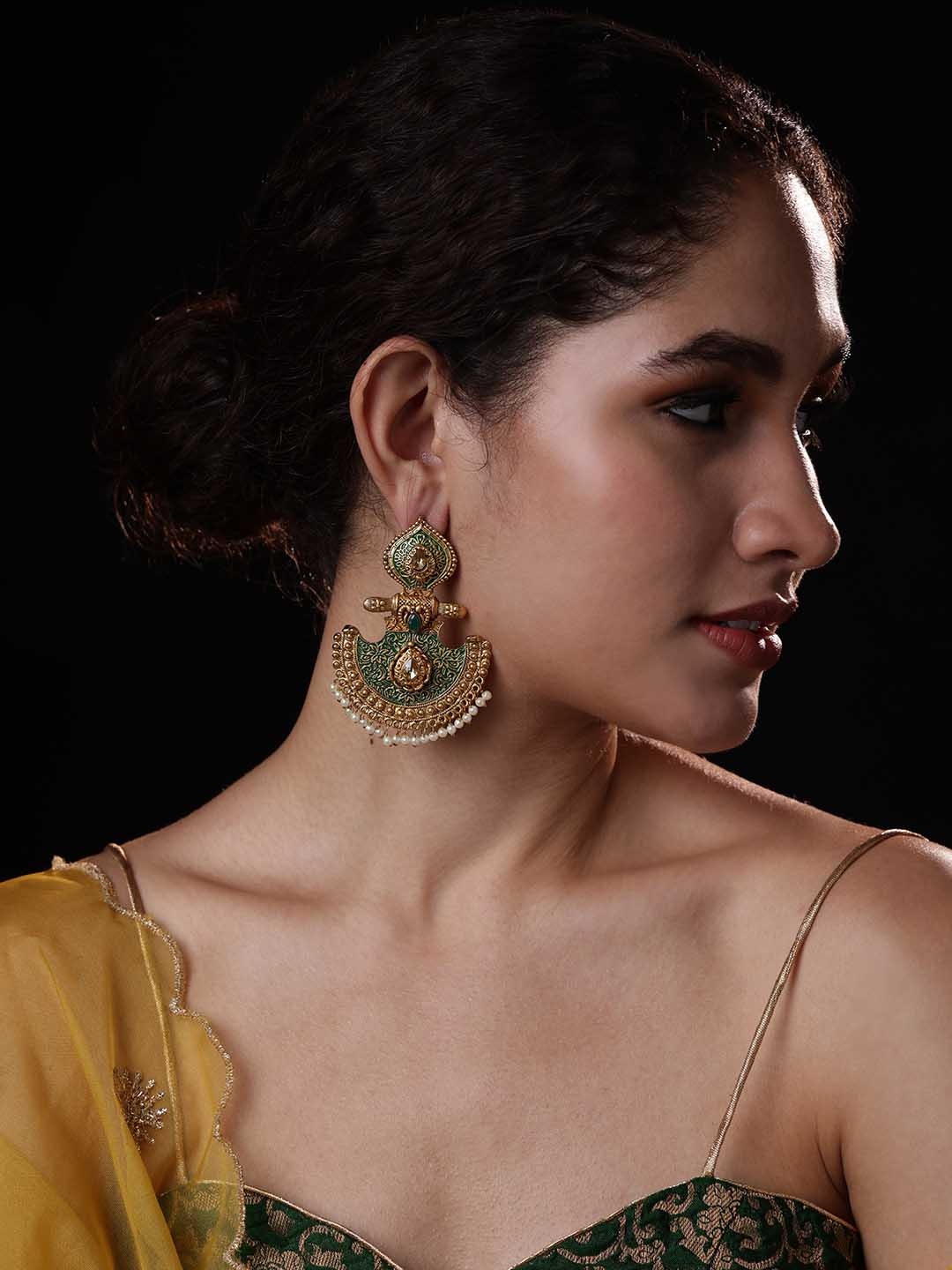 

PANASH Gold-Toned & Green Geometric Handpainted Drop Earrings