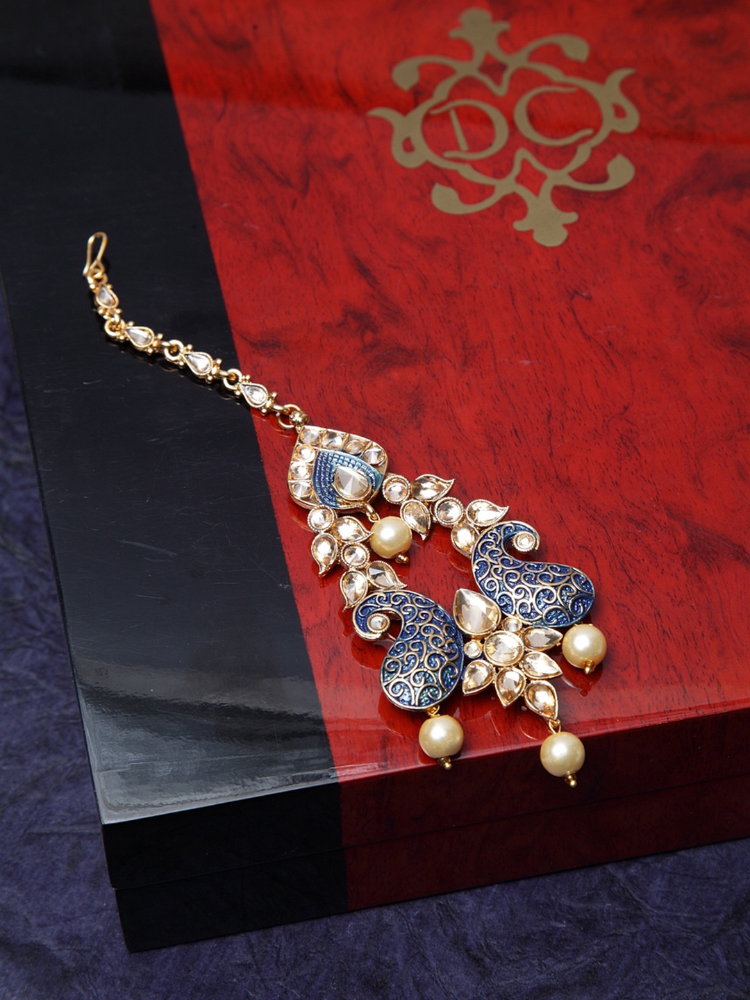 

PANASH Gold-Plated Blue & Beige Stone-Studded Enamelled Handcrafted Maang Tikka