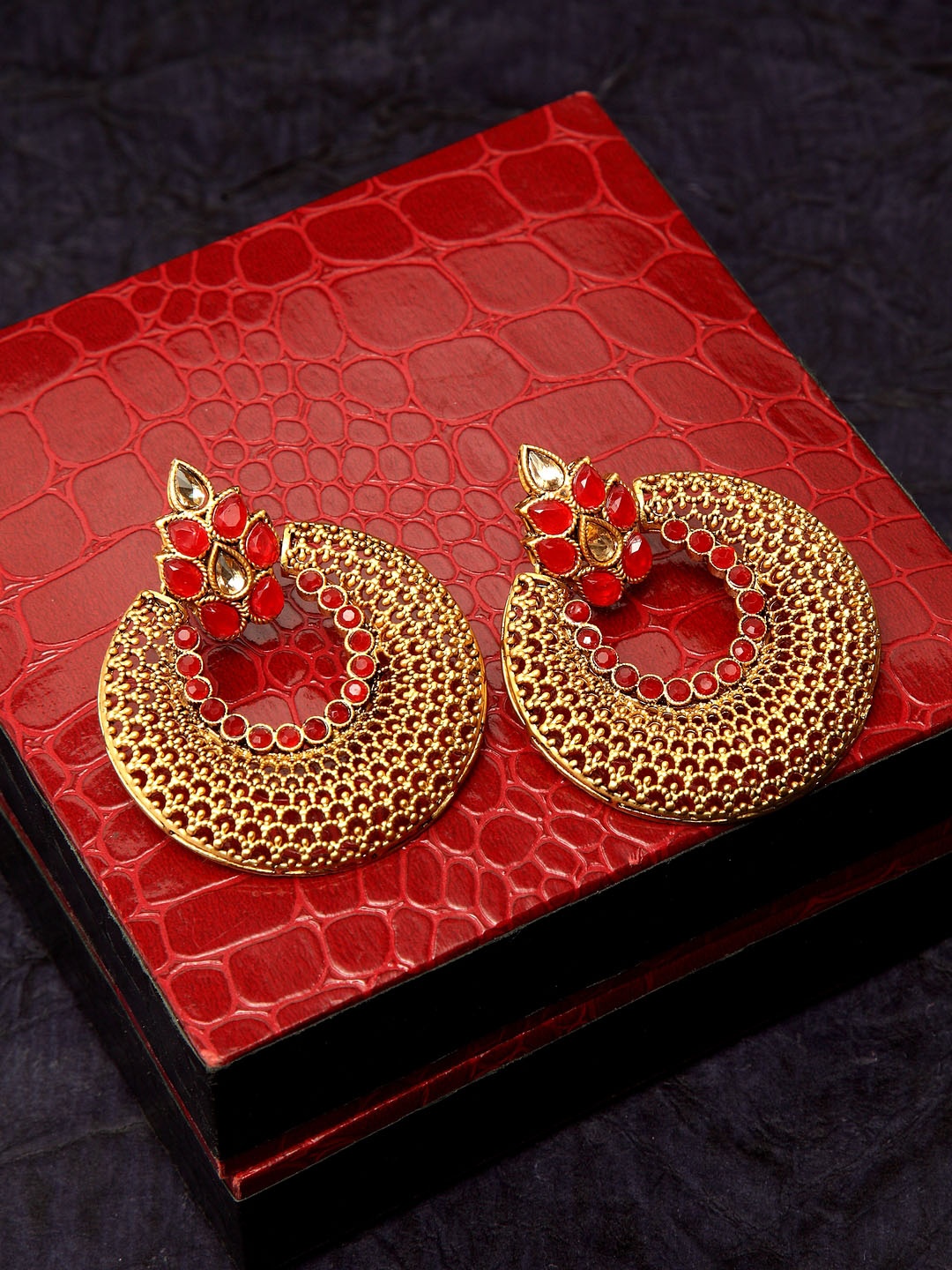 

PANASH Gold & Red Crescent Shaped Handcrafted Drop Earrings