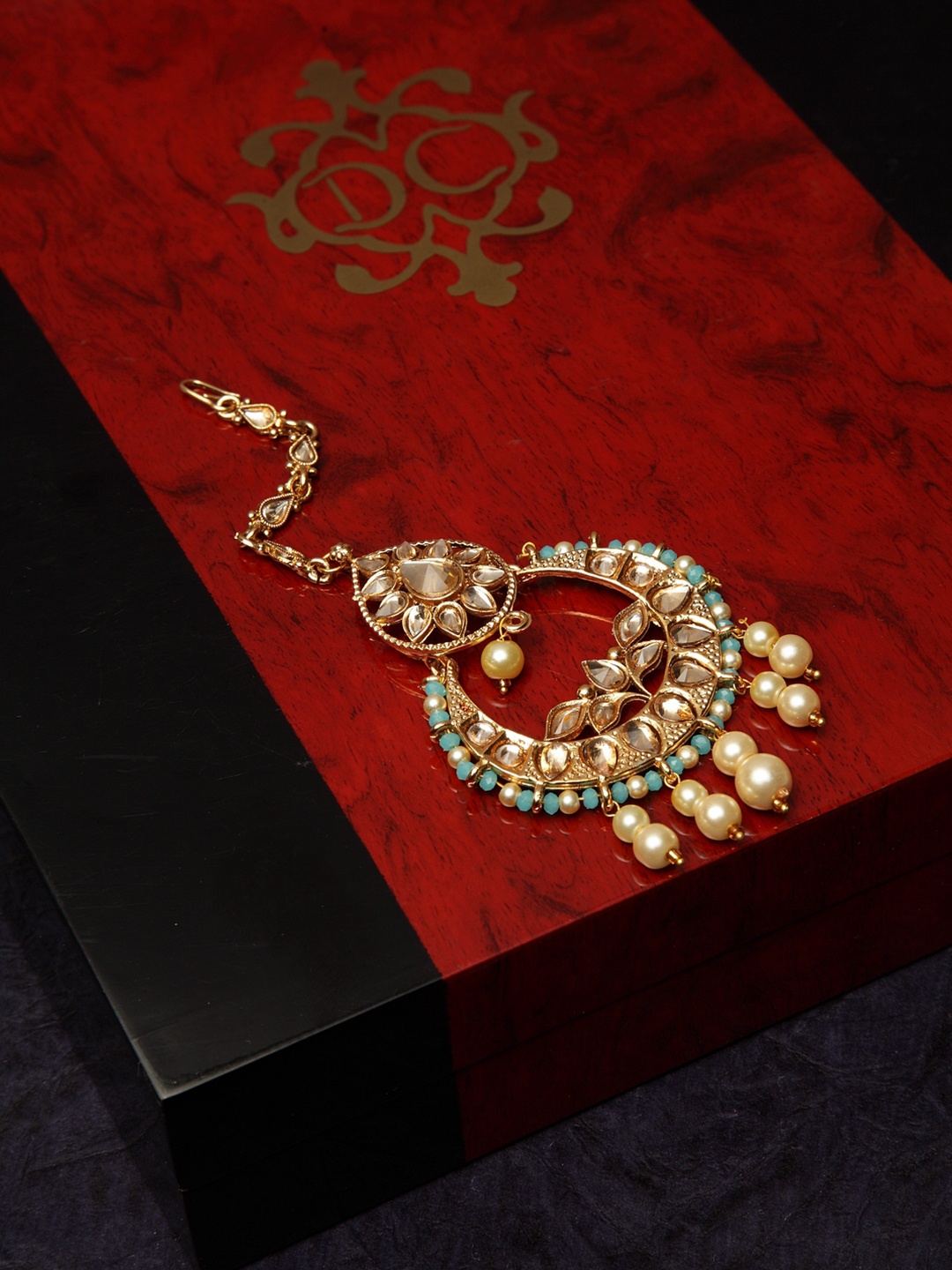 

PANASH Gold-Plated Sea-Green Crescent-Shaped Handcrafted Maang Tikka