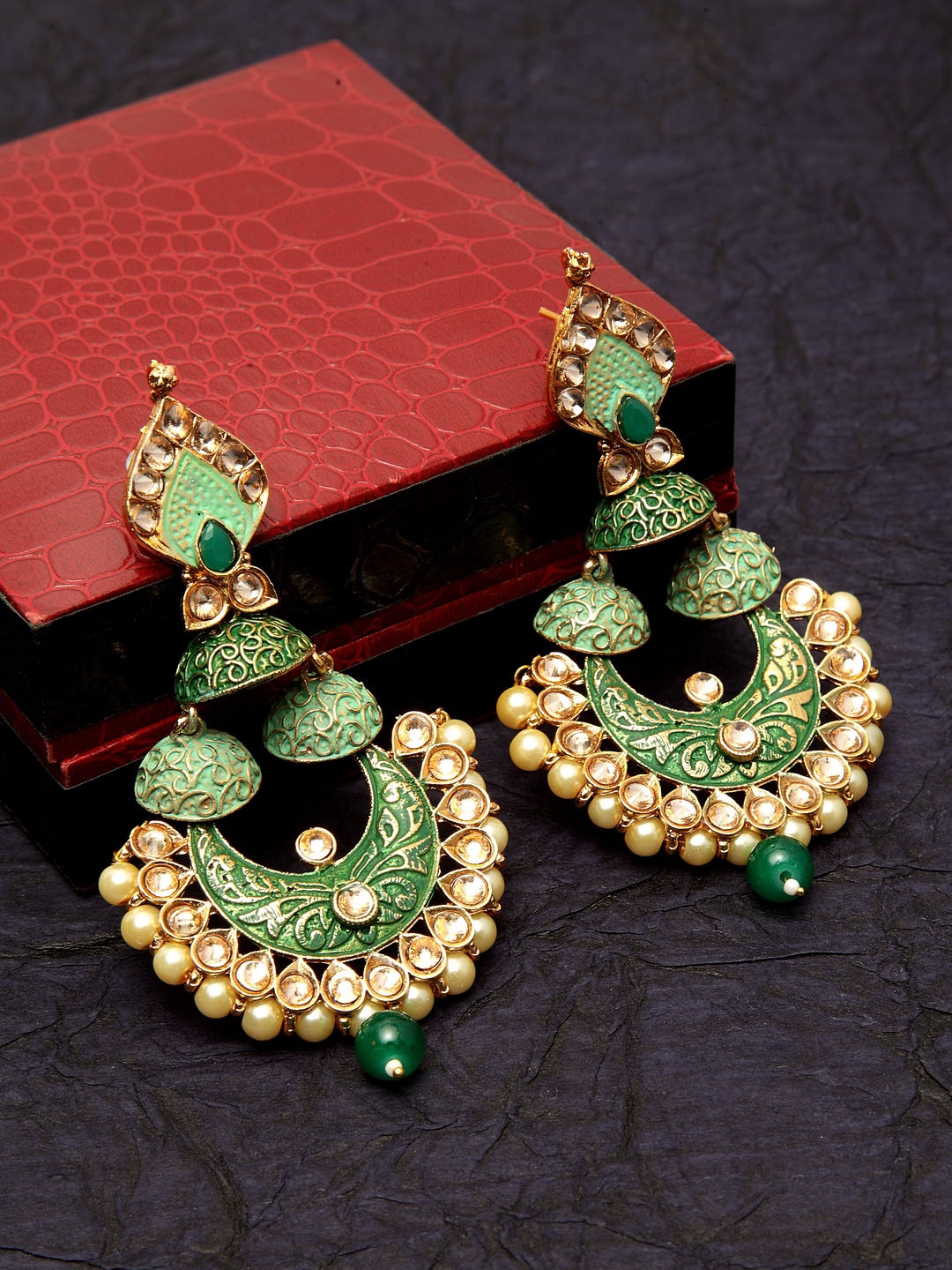 

PANASH Gold-Toned & Green Dome Shaped Drop Earrings