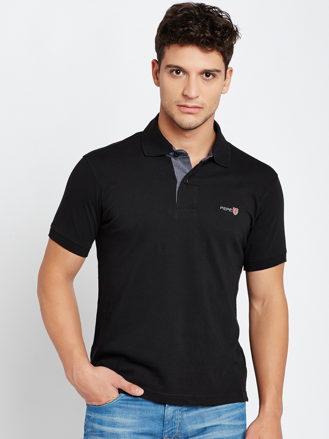 

Pepe Jeans Men Black Solid Polo Collar Pure Cotton T-shirt