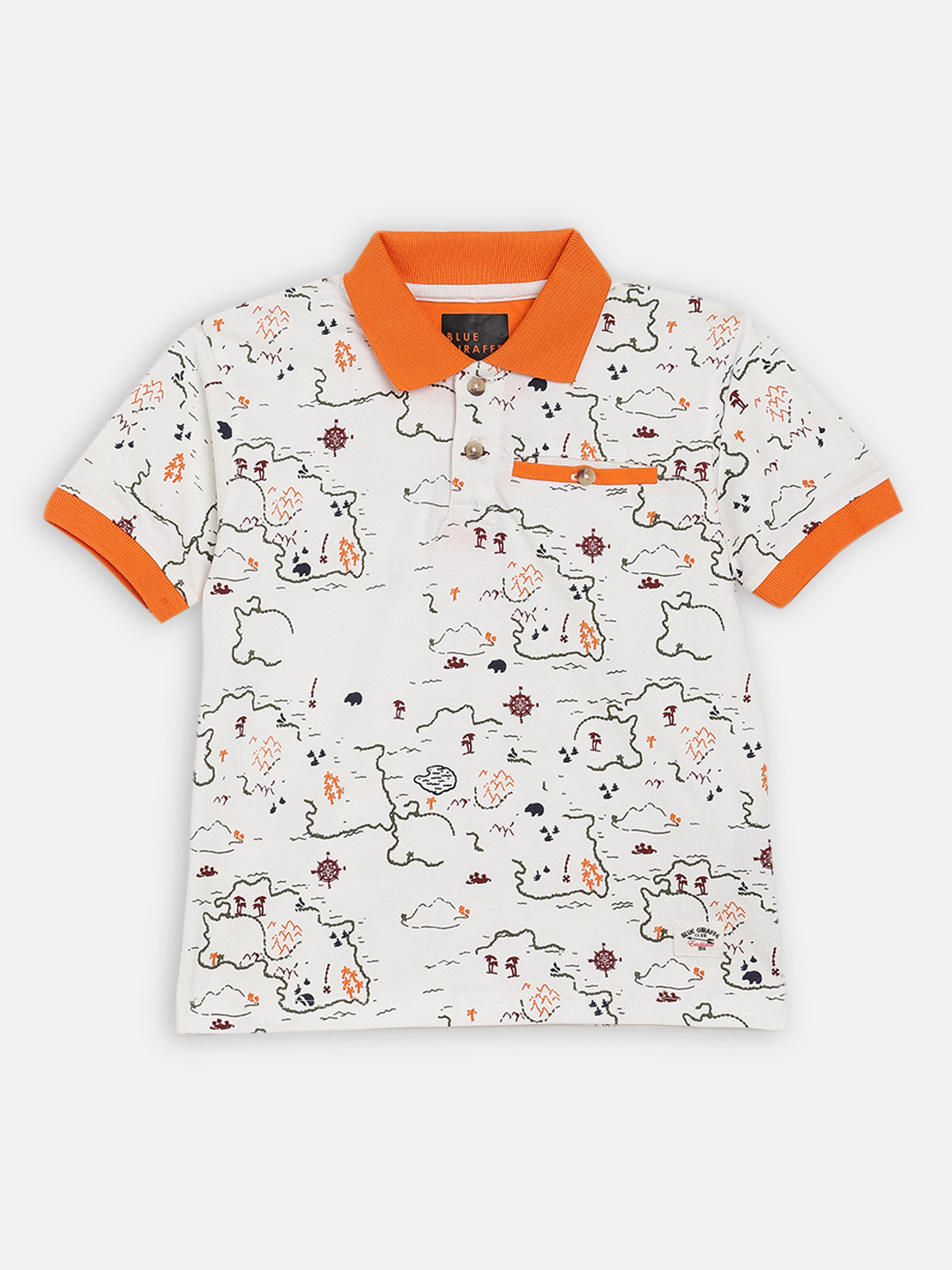 

Blue Giraffe Boys White & Orange Printed Polo Collar T-shirt