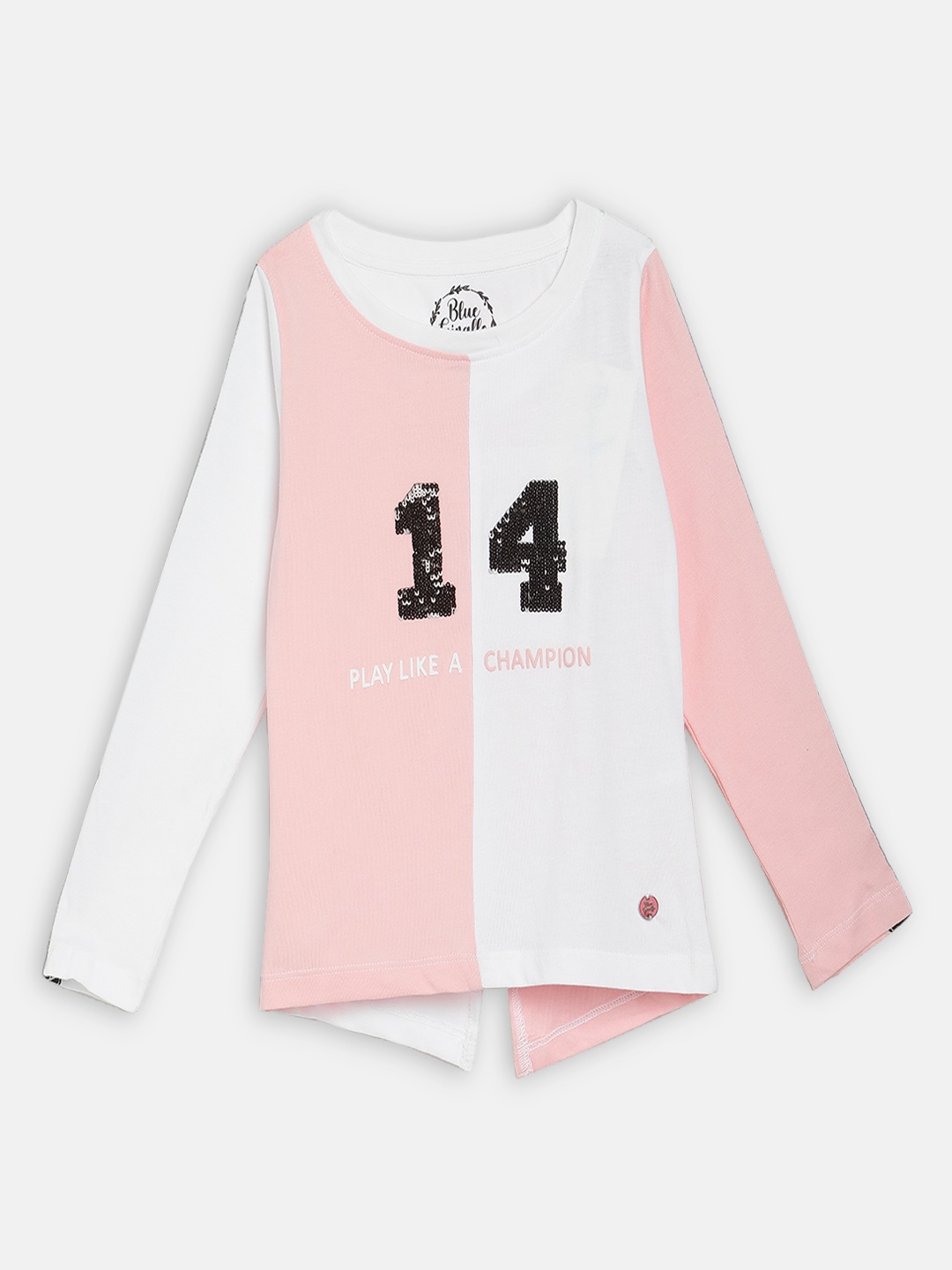 

Blue Giraffe Girls White Pink Colourblocked Round Neck Pure Cotton T-shirt