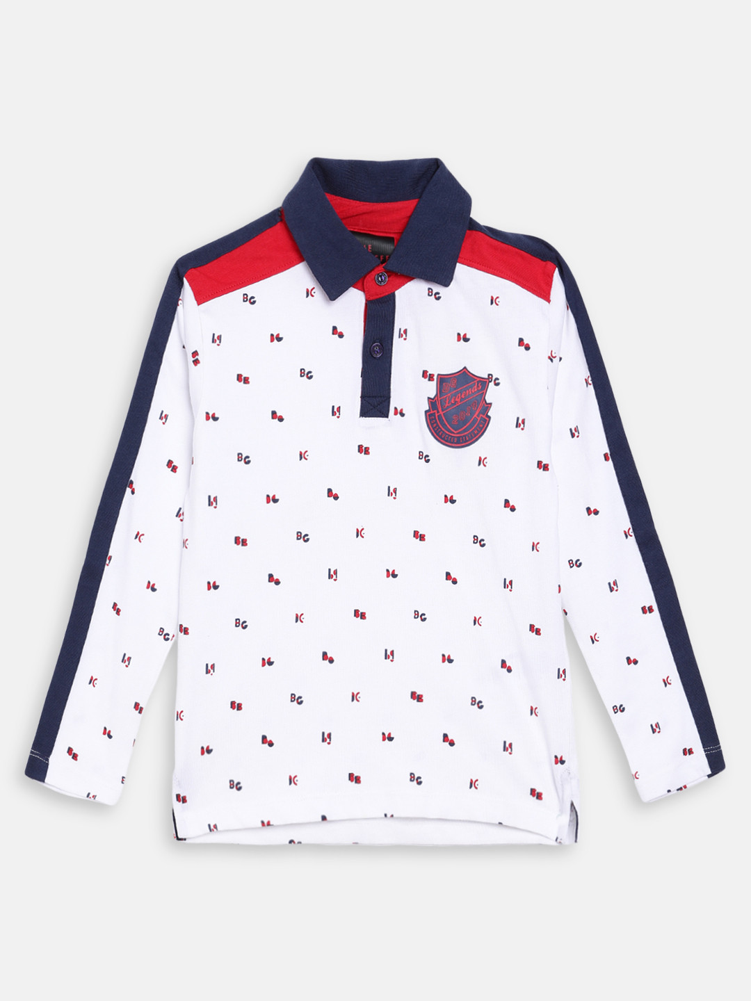 

Blue Giraffe Boys White & Navy Blue Printed Polo Collar T-shirt