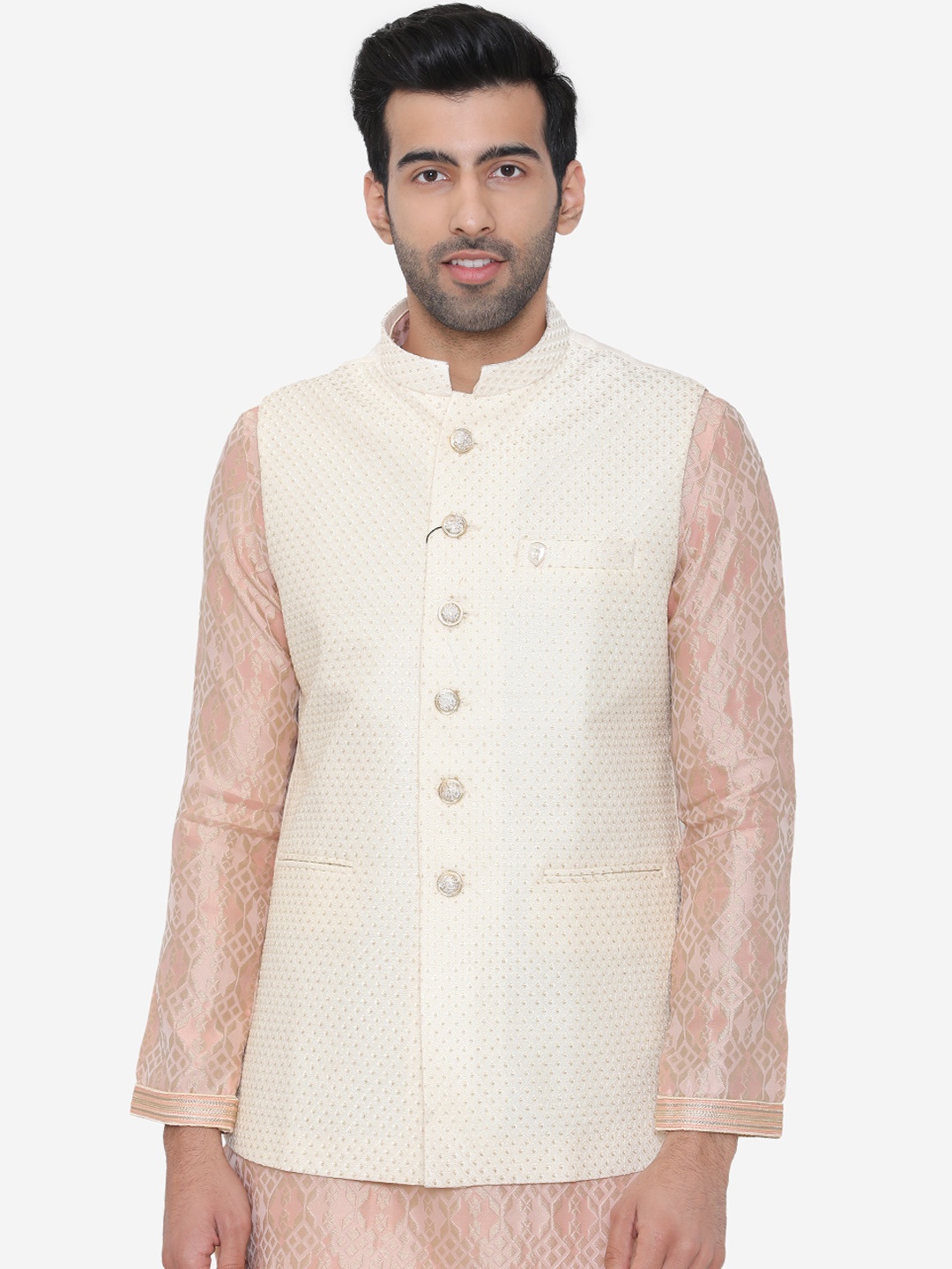 

Manyavar Men Cream-Coloured Woven Design Nehru Jacket