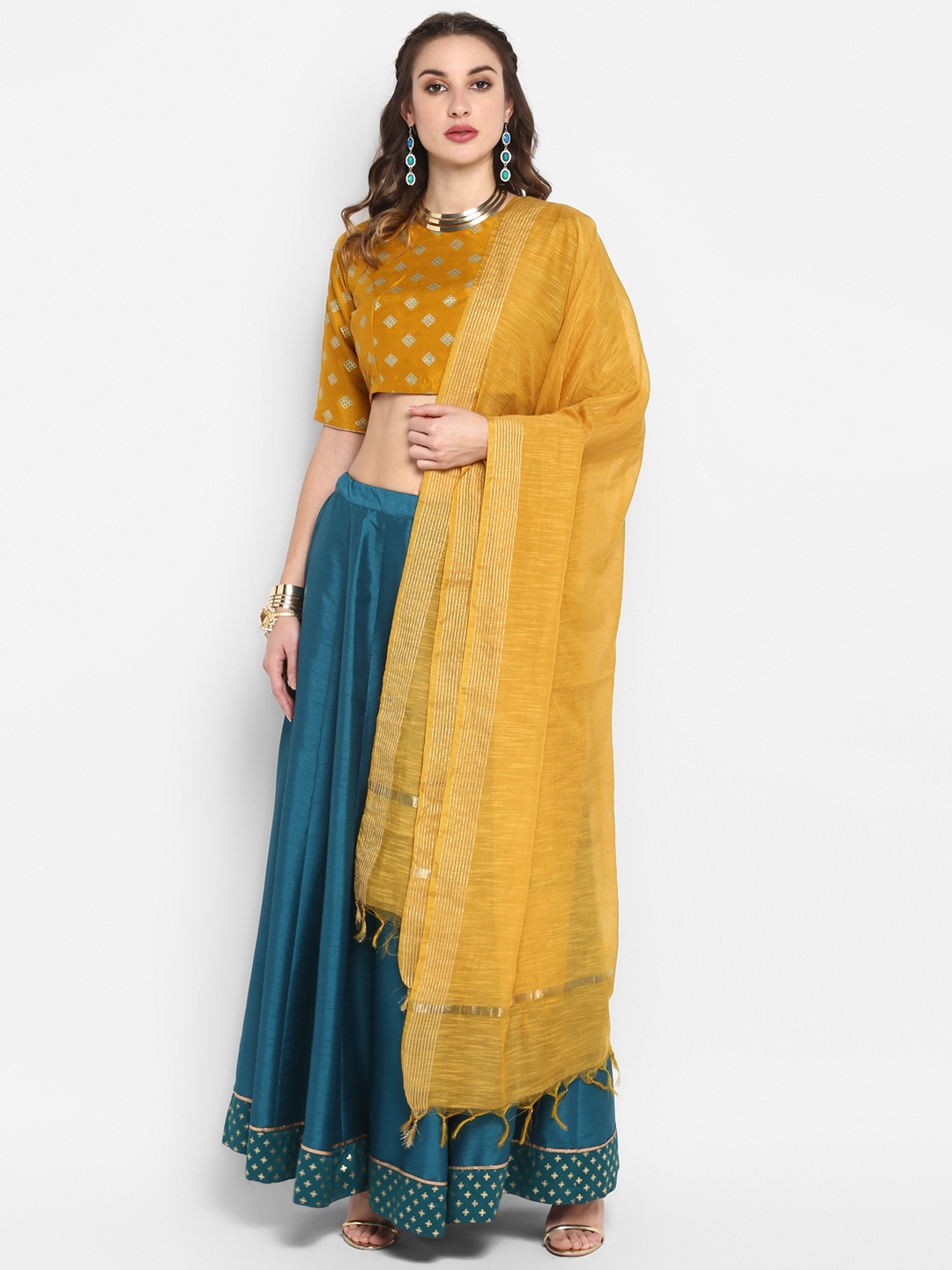 

Janasya Mustard & Teal Green Foil Printed Ready to Wear Lehenga & Blouse with Dupatta