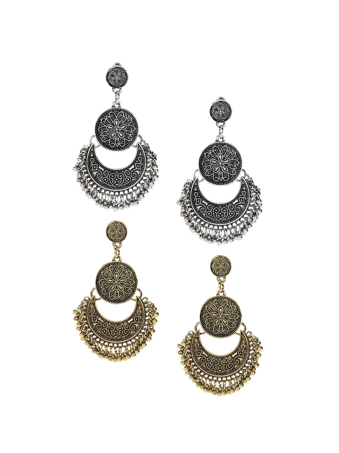 

Shining Diva Pack of 2 Crescent Shaped Oxidised Jhumkas, Silver