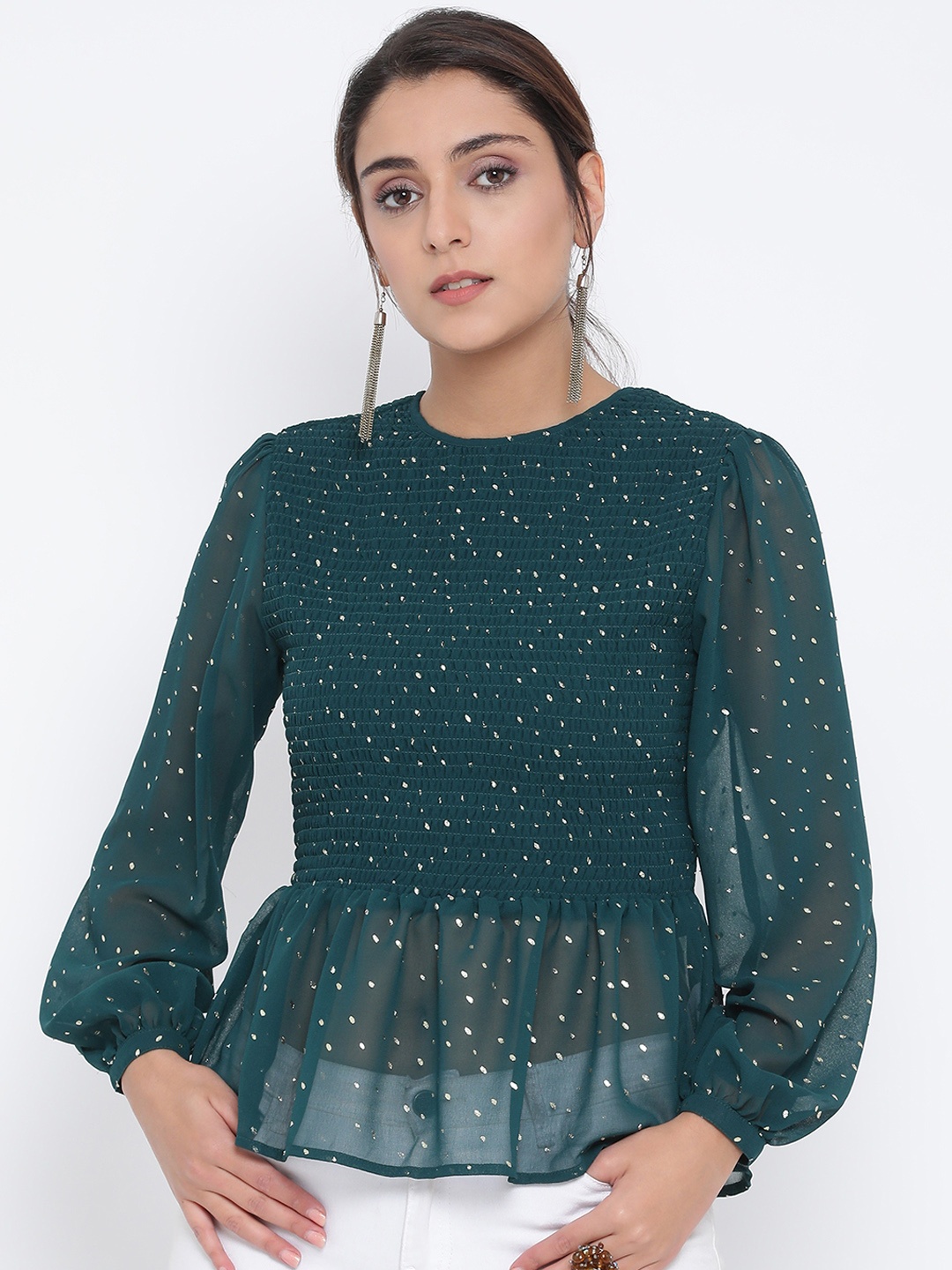 

Oxolloxo Women Green Printed Smoked Peplum Top