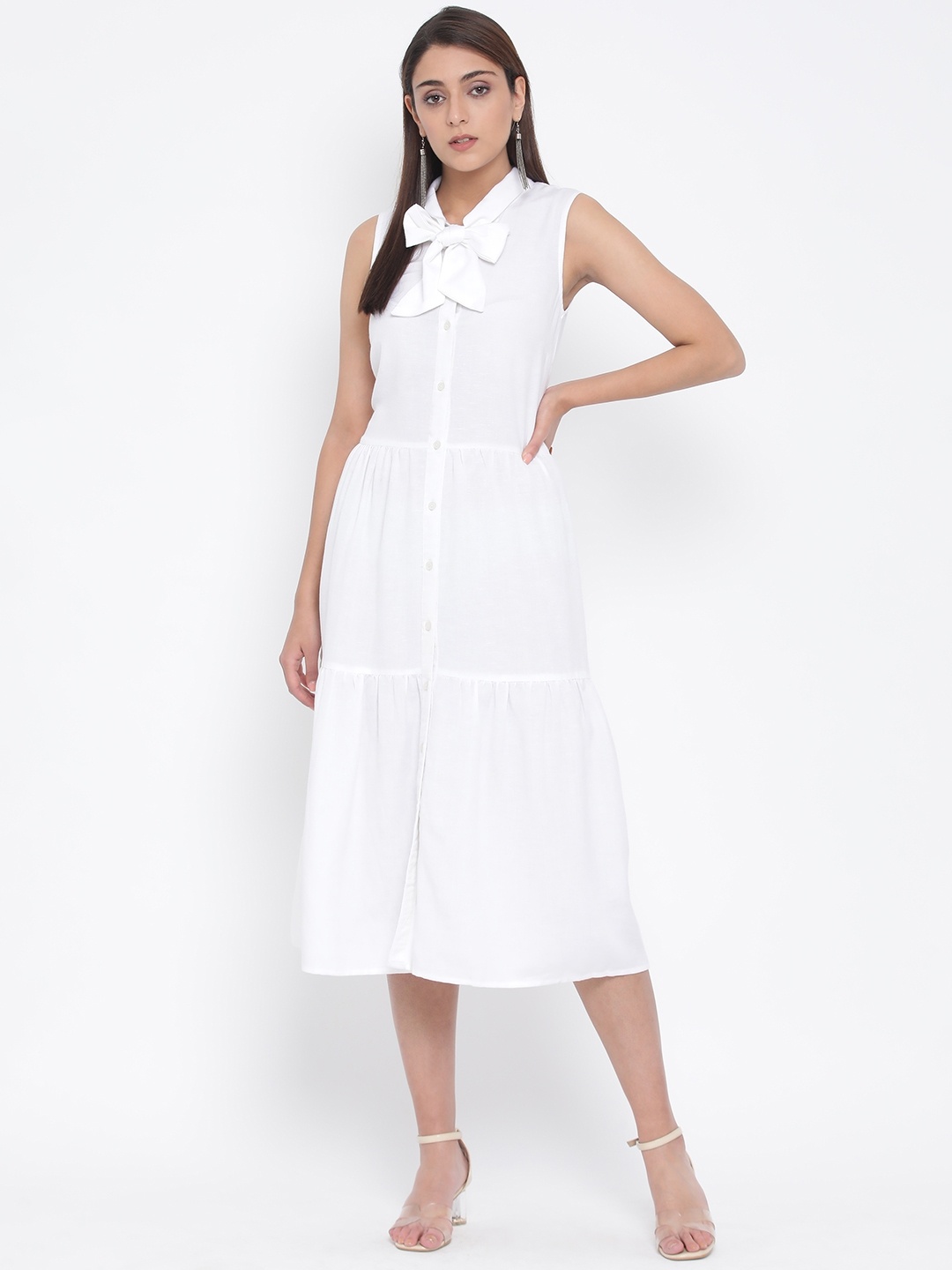 

Oxolloxo Women White Solid Fit and Flare Dress with Gathers