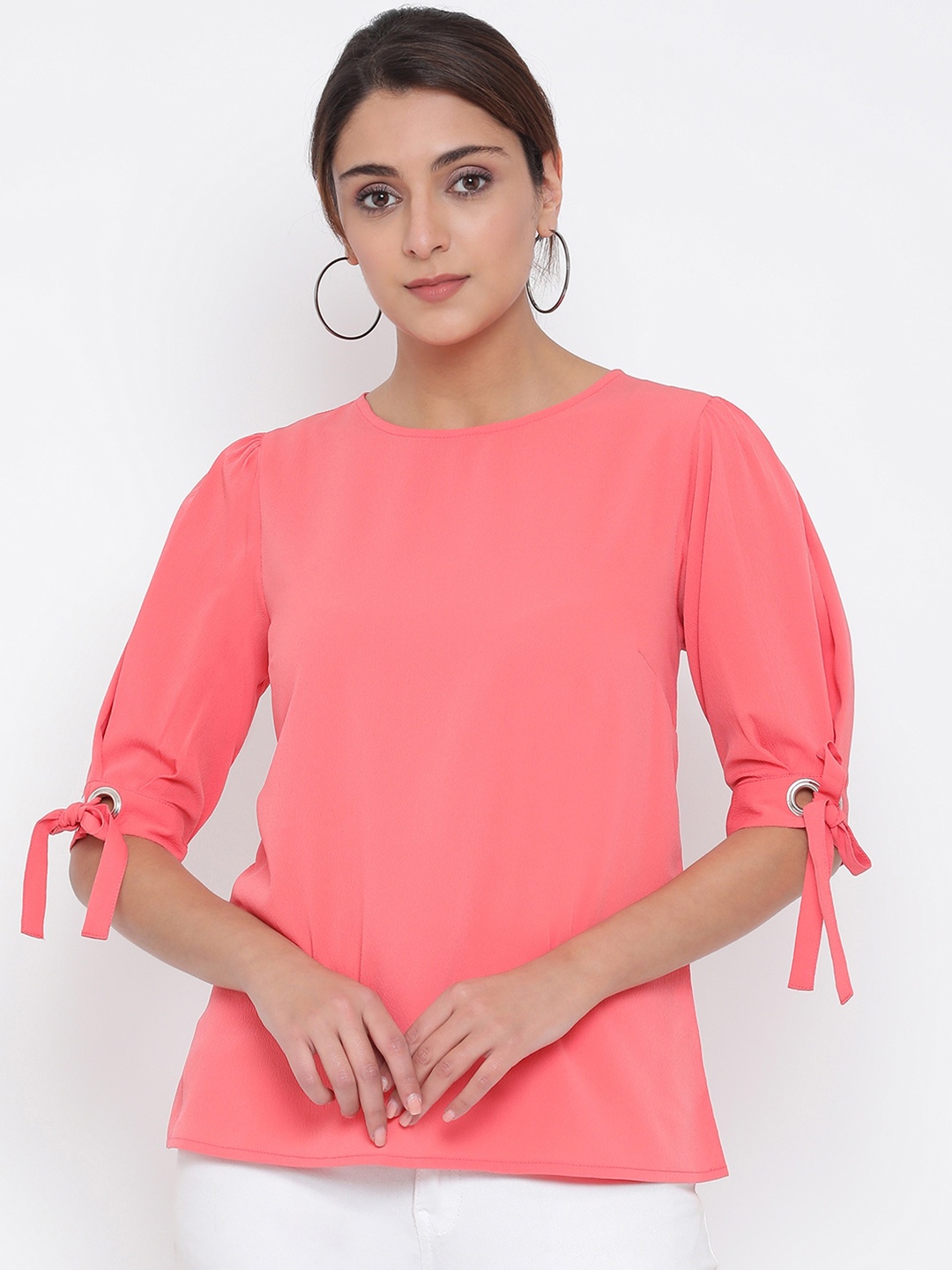 

Oxolloxo Women Pink Solid Tie-Up Sleeves A-Line Top