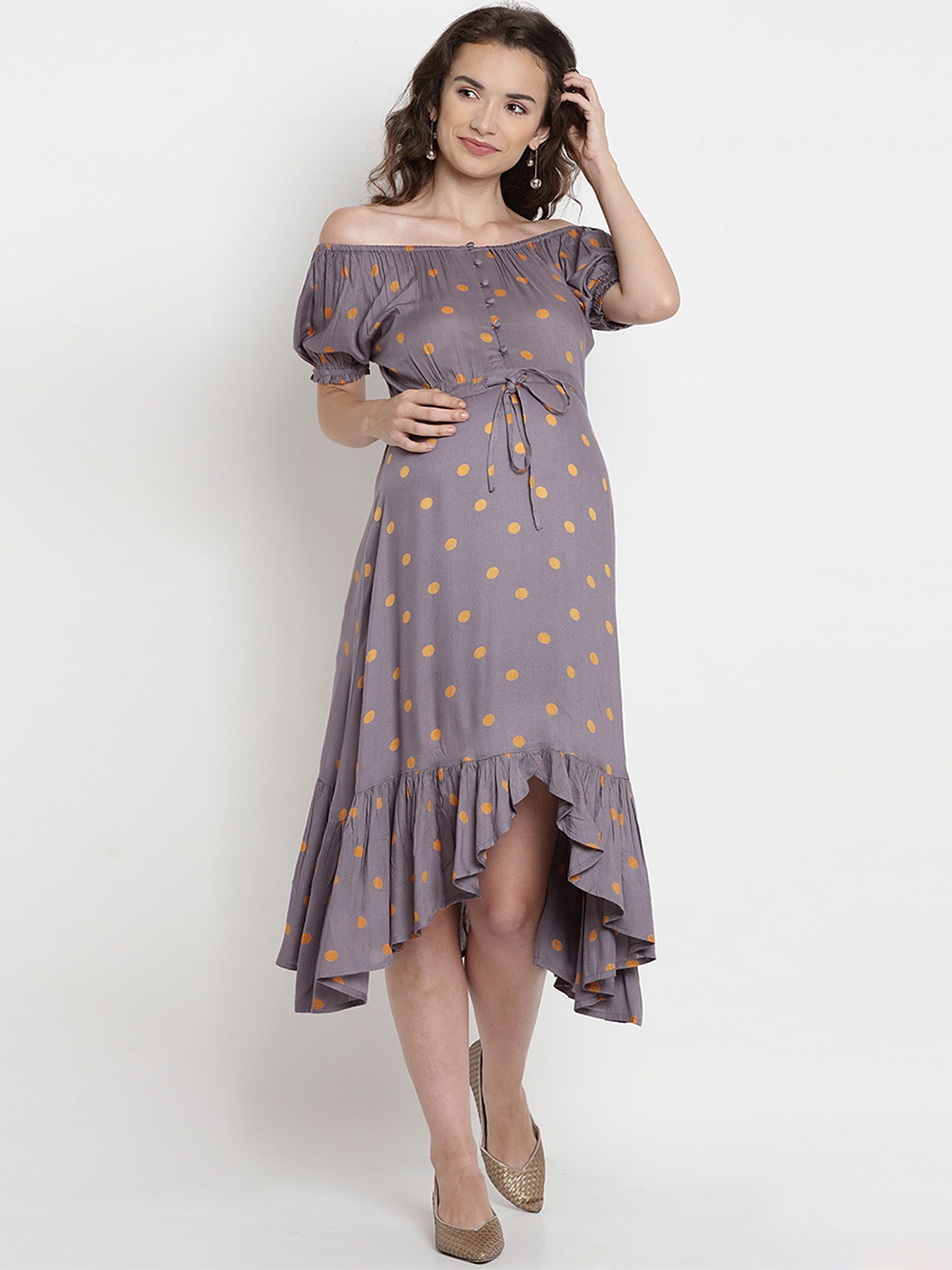 

Mine4Nine Women's Maternity Grey Printed Empire Dress