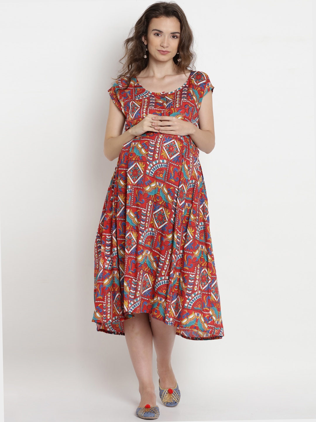 

Mine4Nine Women Red & Blue Printed Maternity A-Line Dress