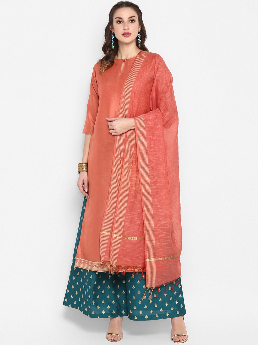 

Janasya Women Peach-Coloured & Teal Blue Solid Kurta with Palazzos & Dupatta