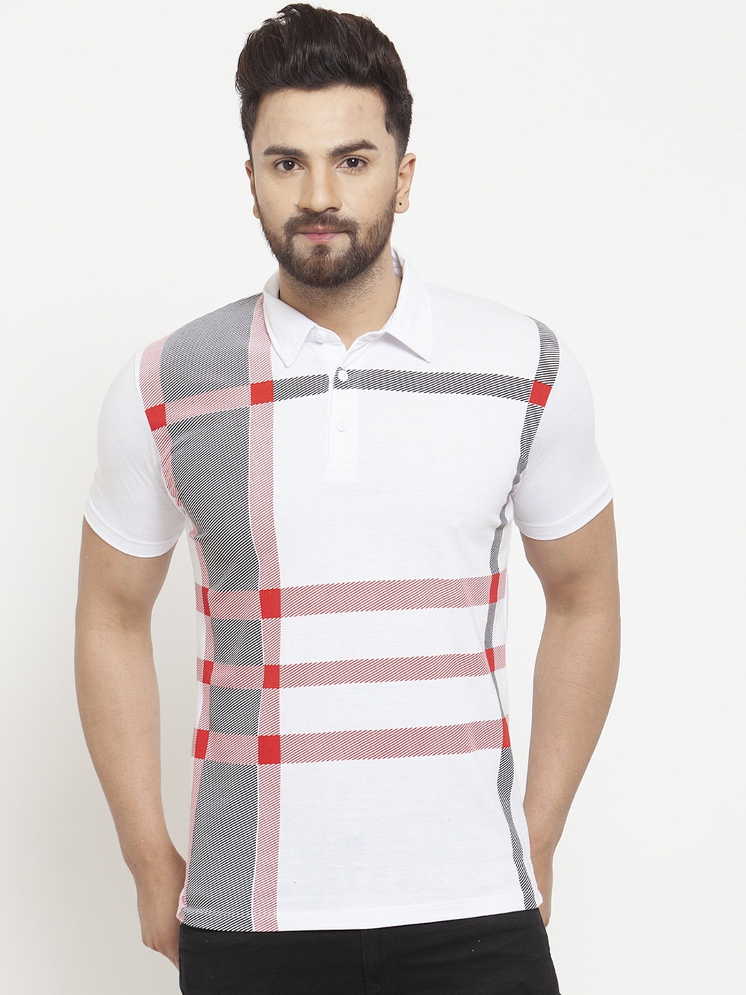 

WILD WEST Men White Checked Polo Collar T-shirt