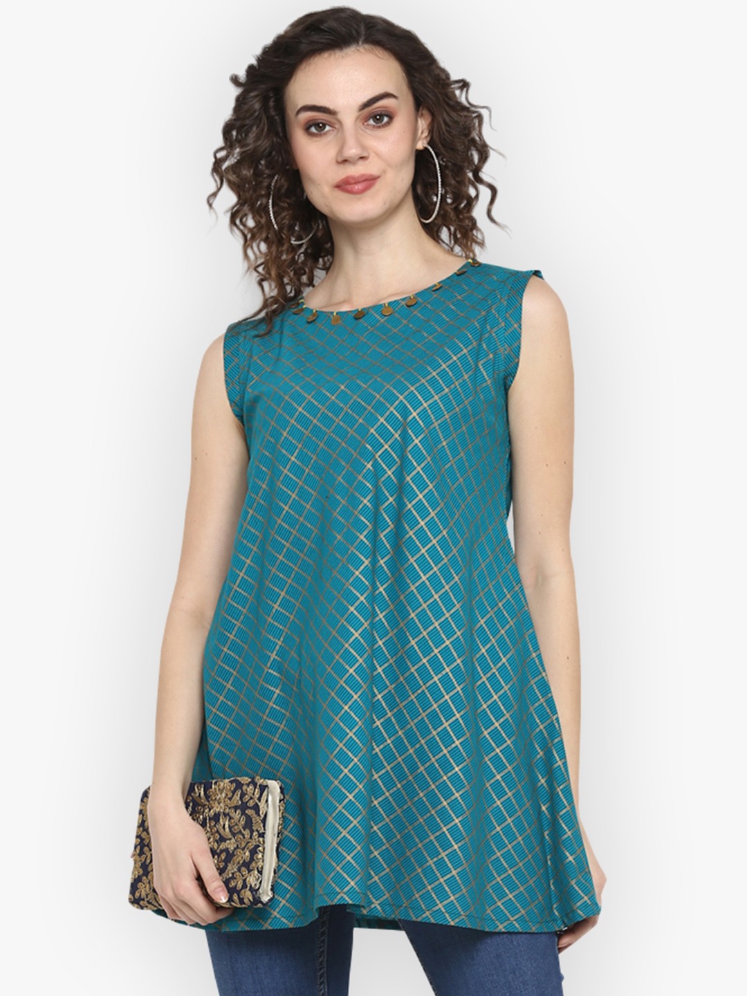 

Janasya Women Turquoise Blue Checked A-Line Pure Cotton Top