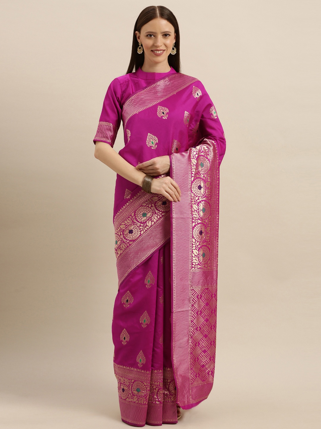

SHAVYA Magenta Pink & Gold-Toned Pure Silk Woven Design Banarasi Saree