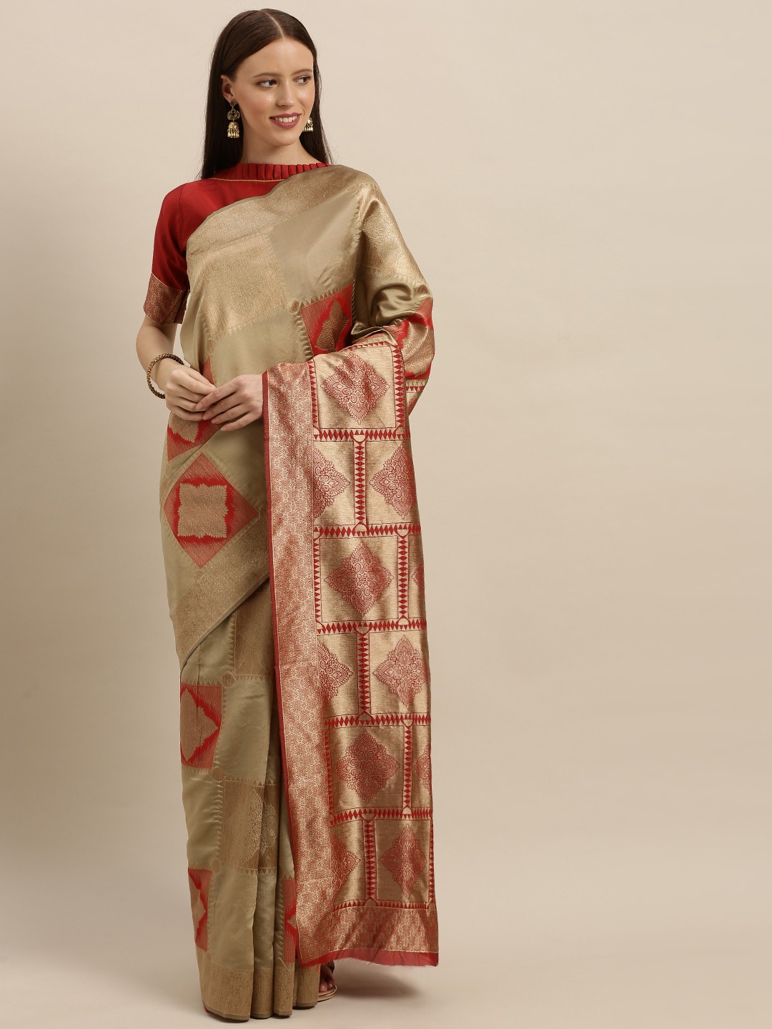 

SHAVYA Beige & Gold-Toned Pure Silk Woven Design Banarasi Saree