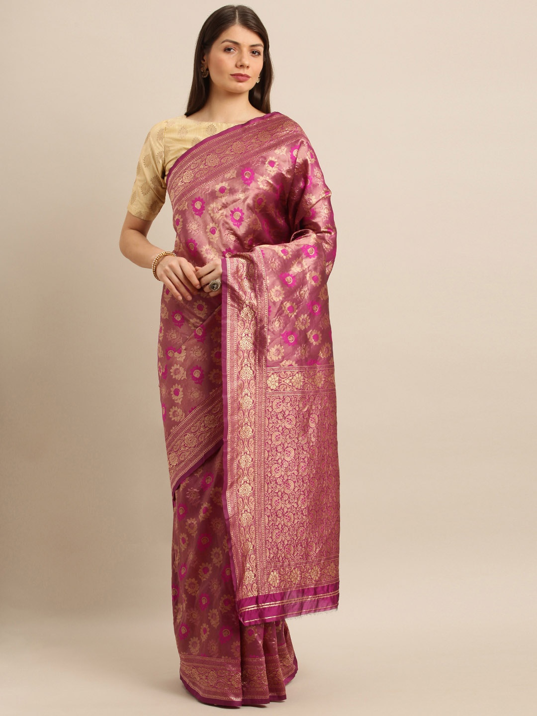 

SHAVYA Purple & Gold-Toned Pure Silk Woven Design Banarasi Saree