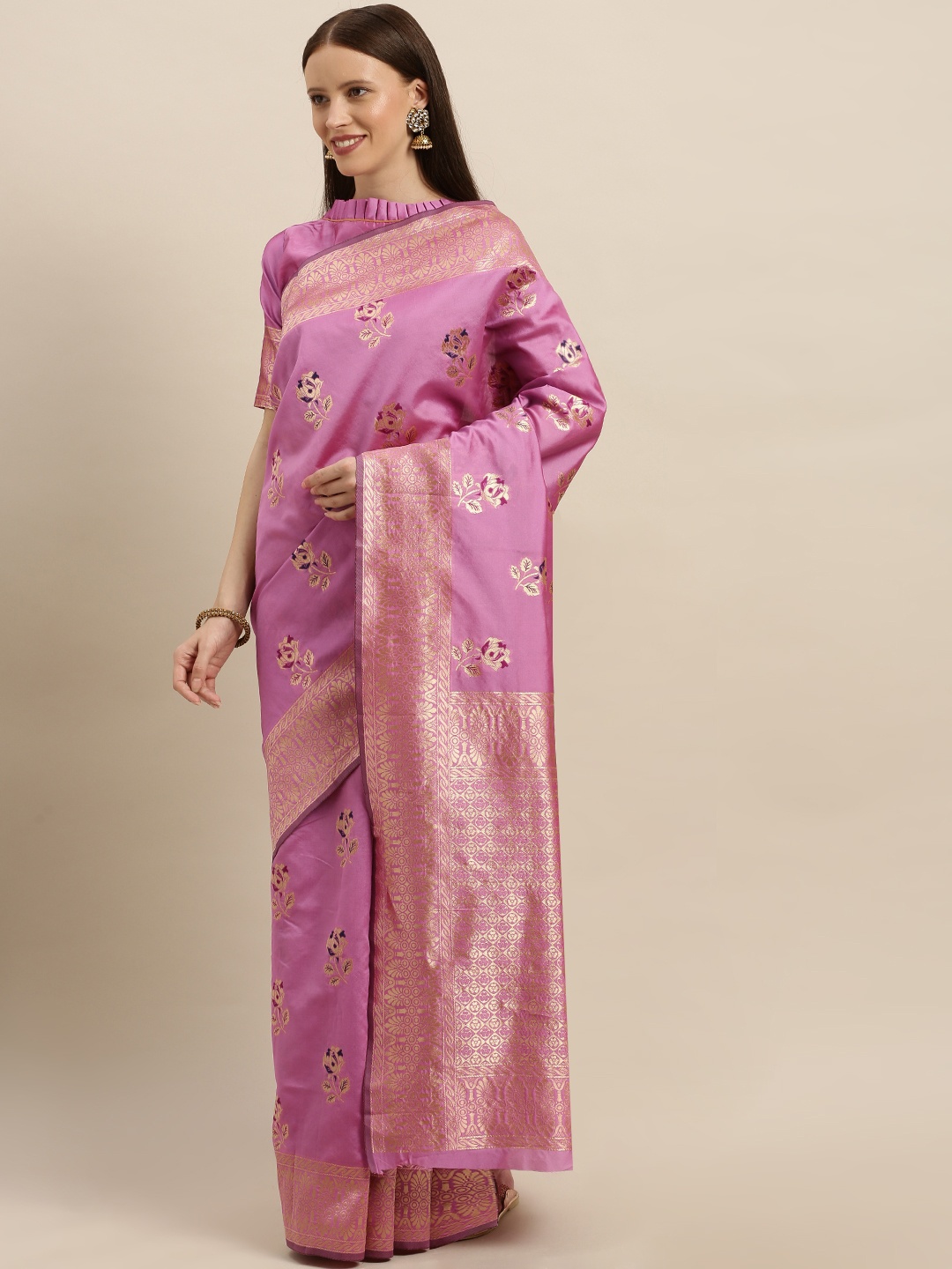 

SHAVYA Pink & Gold-Toned Pure Silk Woven Design Banarasi Saree