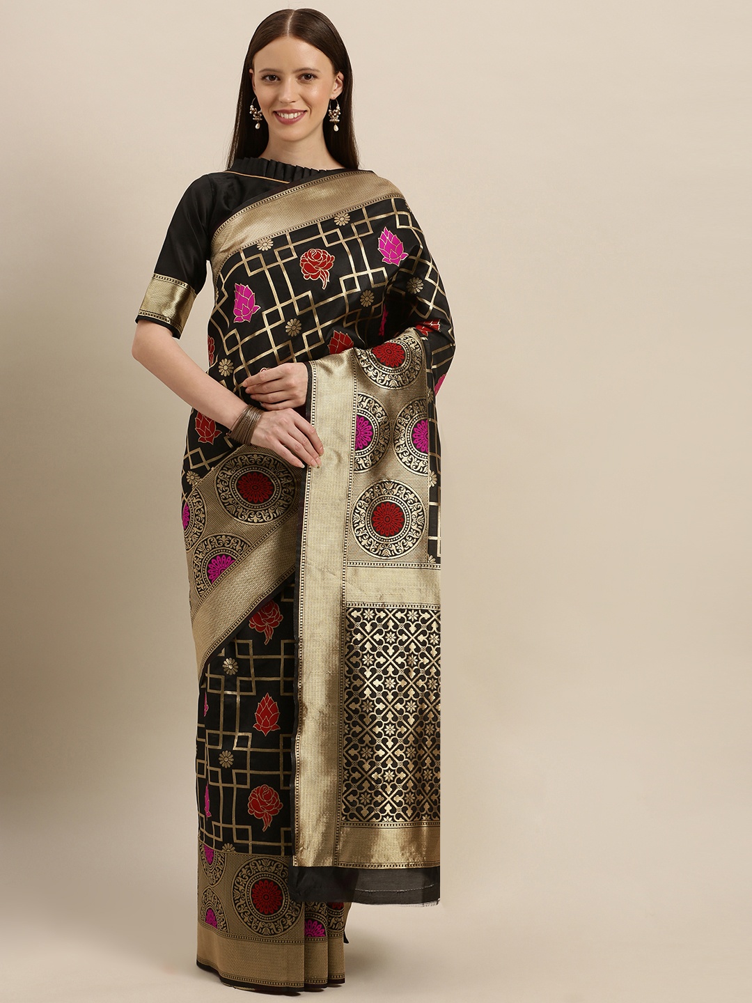 

SHAVYA Black & Gold-Toned Pure Silk Woven Design Banarasi Saree