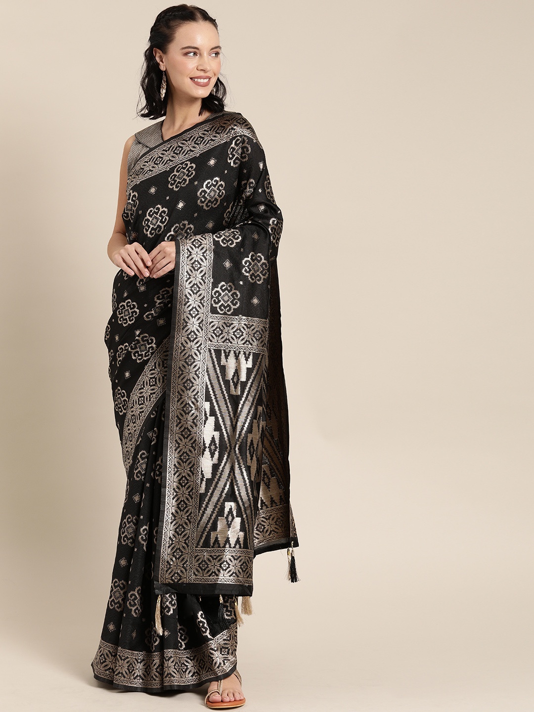 

SHAVYA Black & Gold-Coloured Pure Silk Woven Design Banarasi Saree