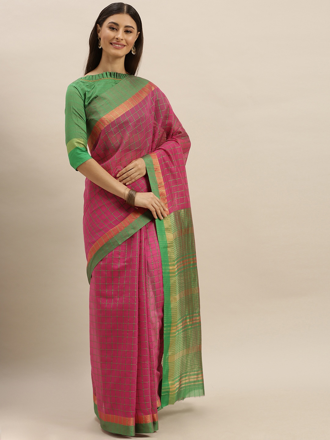 

SHAVYA Pink & Green Pure Cotton Checked Saree