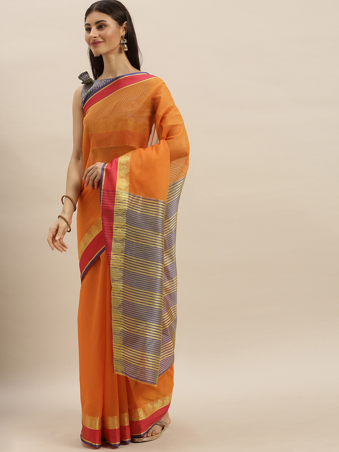 

SHAVYA Orange & Navy Blue Pure Cotton Solid Saree