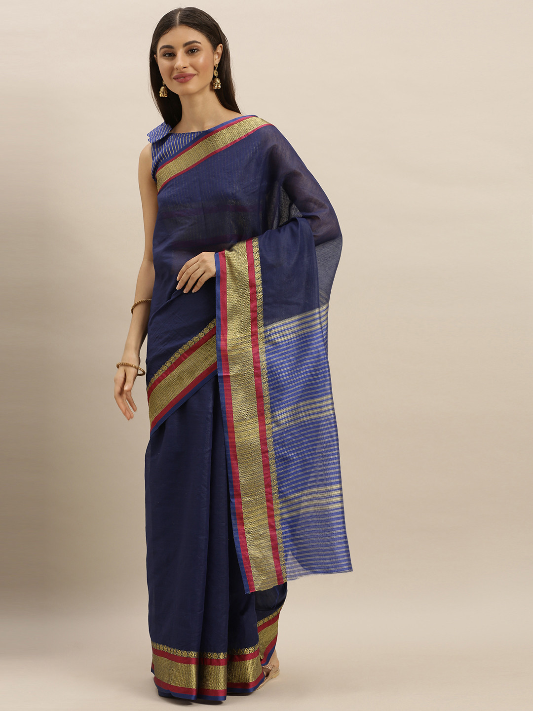 

SHAVYA Navy Blue Solid Pure Cotton Saree