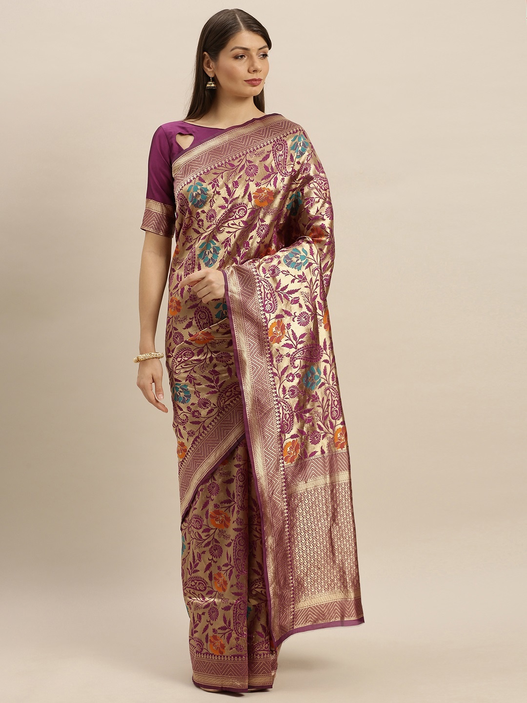 

SHAVYA Magenta & Gold-Toned Pure Silk Woven Design Banarasi Saree