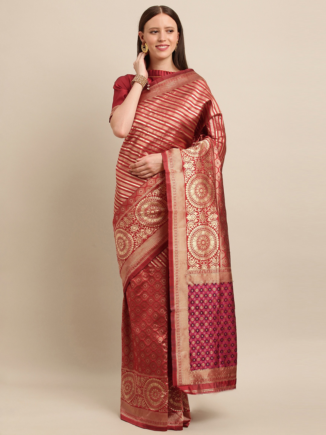 

SHAVYA Rust Red & Gold-Toned Pure Silk Woven Design Banarasi Saree