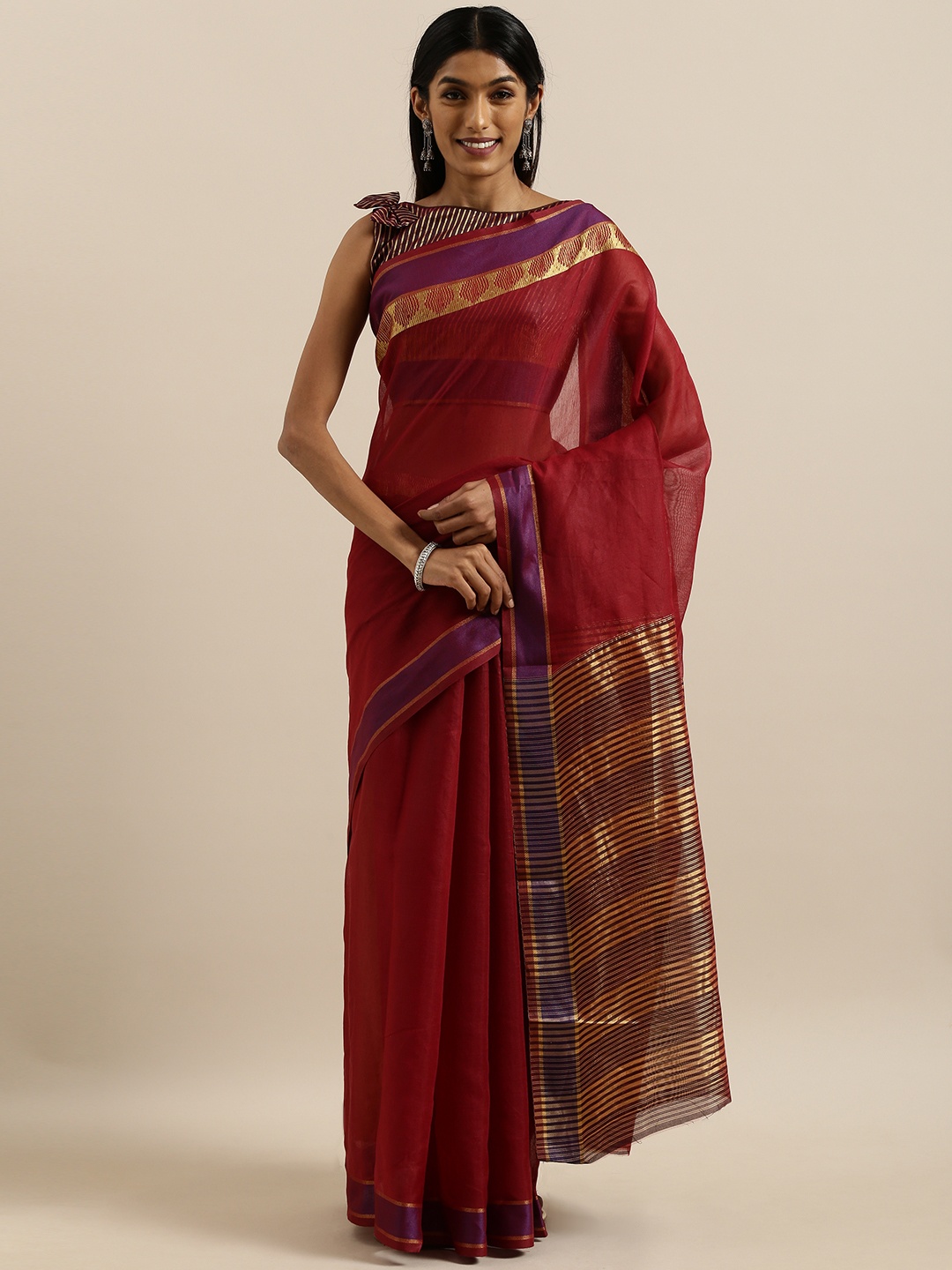 

SHAVYA Maroon Solid Pure Cotton Saree