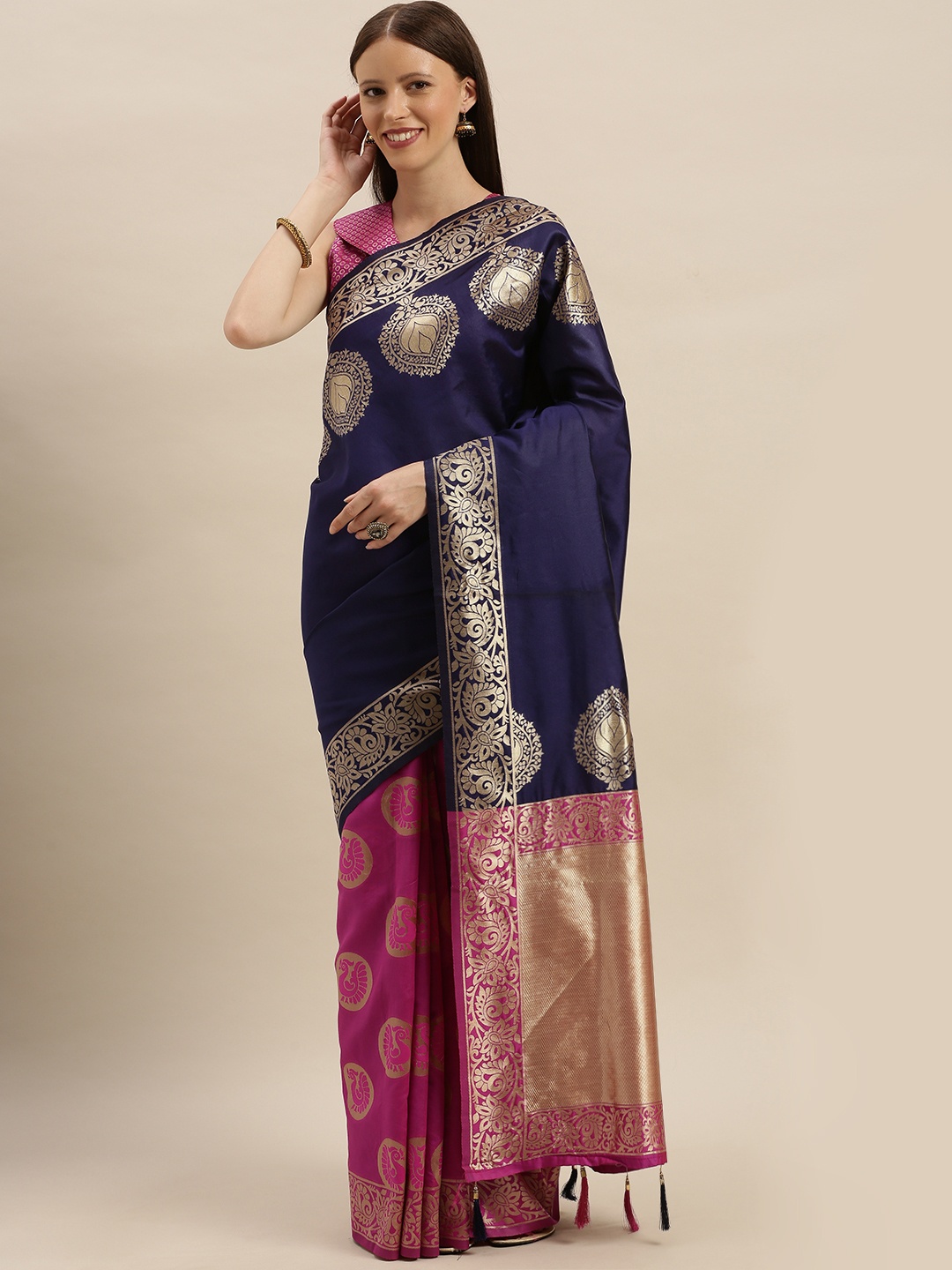 

SHAVYA Navy Blue & Pink Pure Silk Woven Design Banarasi Saree