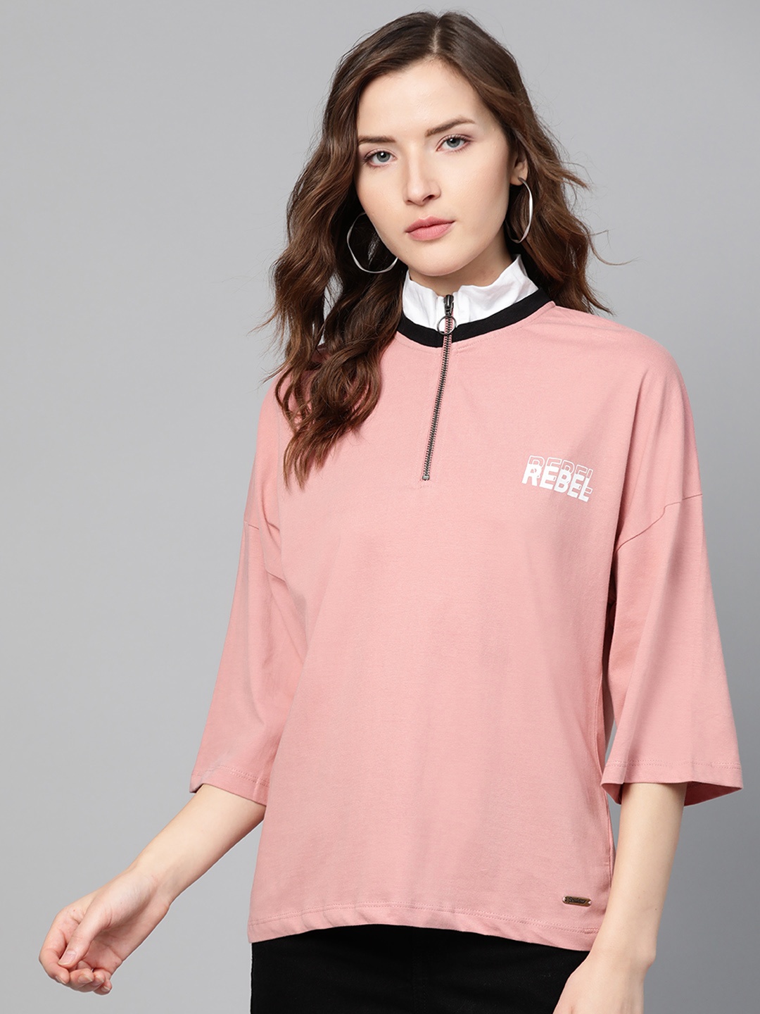 

Roadster Women Pink Solid High Neck T-shirt