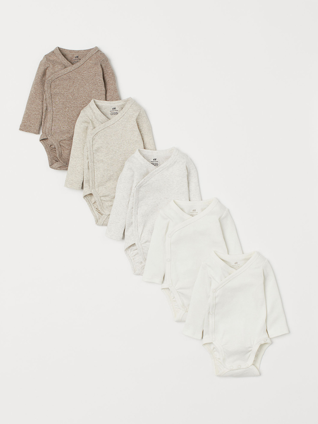 

H&M Girls Pack Of 5 White & Beige Organic Cotton Wrap-over Sustainable Bodysuits