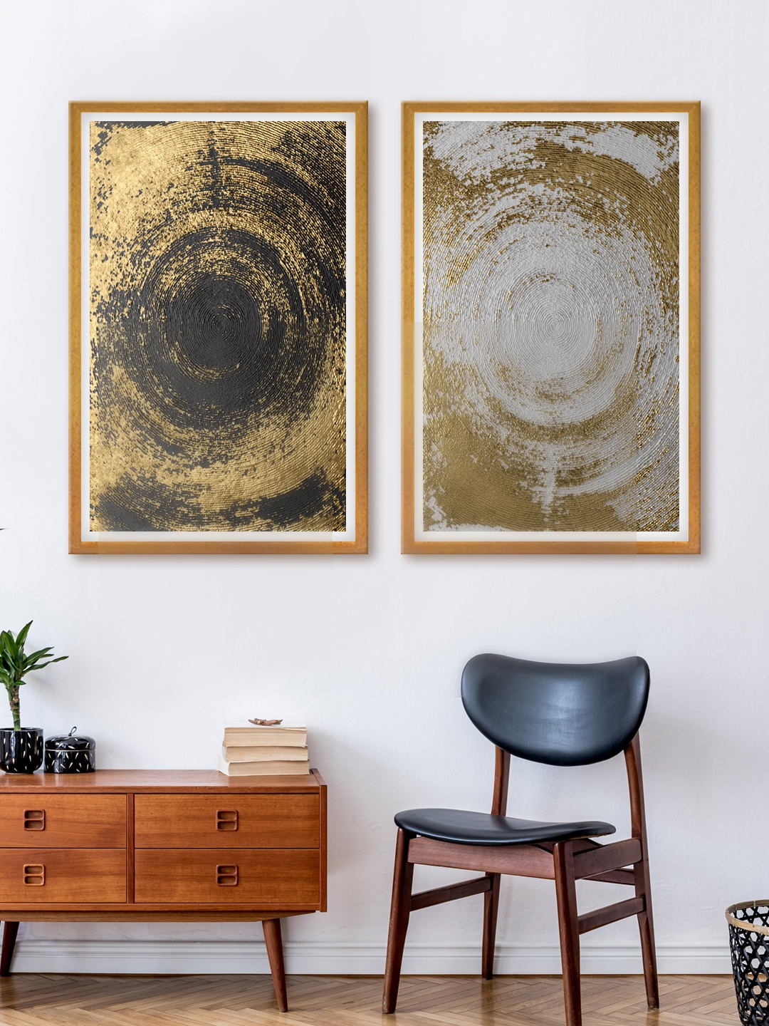 

999Store Set Of 2 Gol-Toned & Grey Abstract Canvas Wall Art, Gold